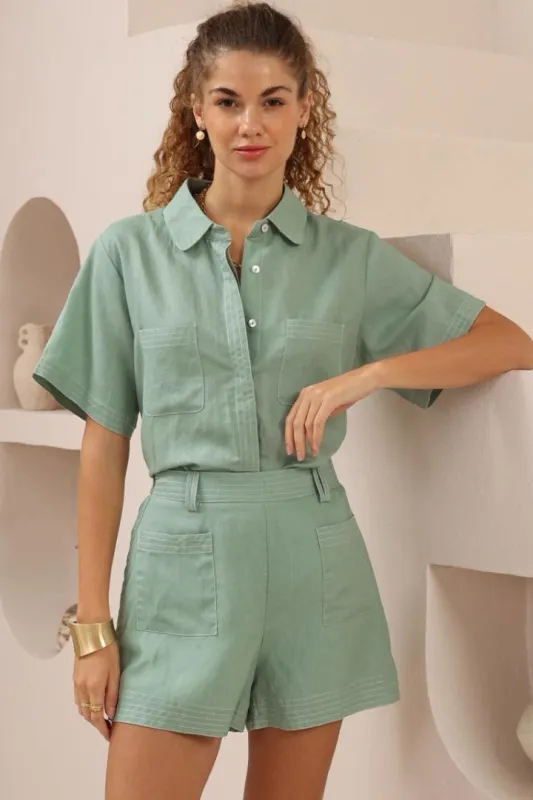 Amanda Shorts - Elasticated Back Waist Contrast Stitched Shorts in Sage sold by Salty Crush