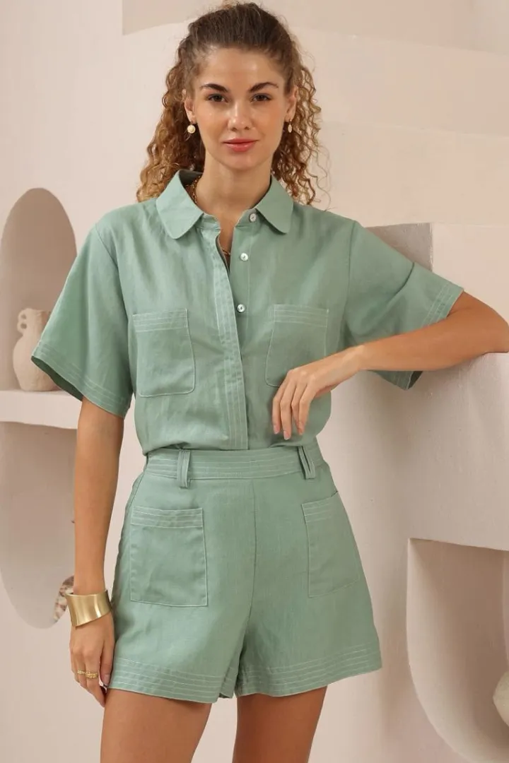 Amanda Shorts - Elasticated Back Waist Contrast Stitched Shorts in Sage sold by Salty Crush