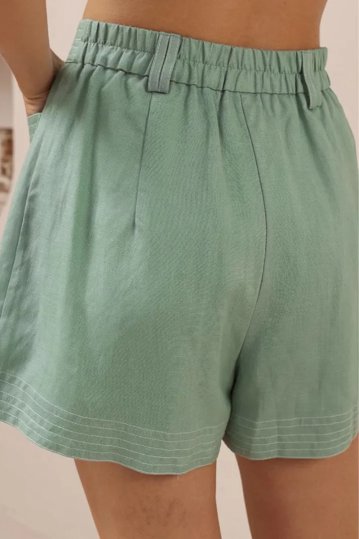 Amanda Shorts - Elasticated Back Waist Contrast Stitched Shorts in Sage sold by Salty Crush product image thumbnail 4