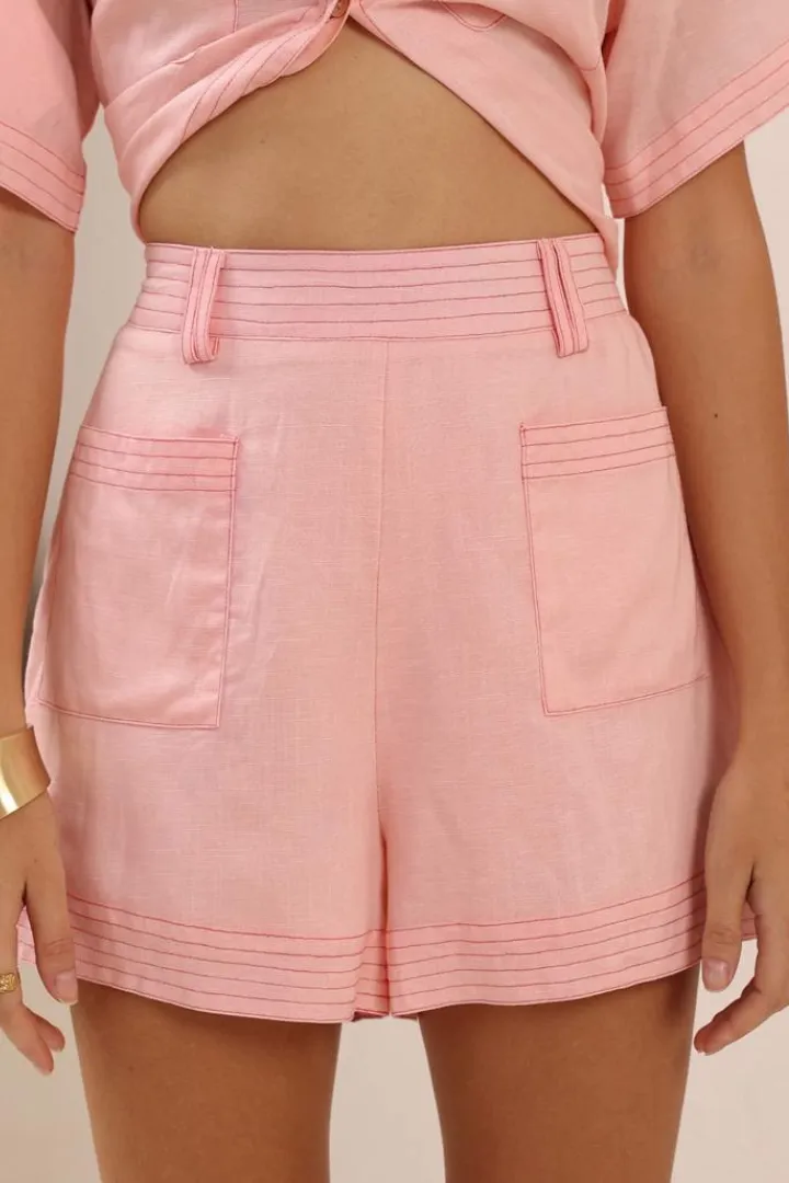 Amanda Shorts - Elasticated Back Waist Contrast Stitched Shorts in Pink sold by Salty Crush product image thumbnail 4