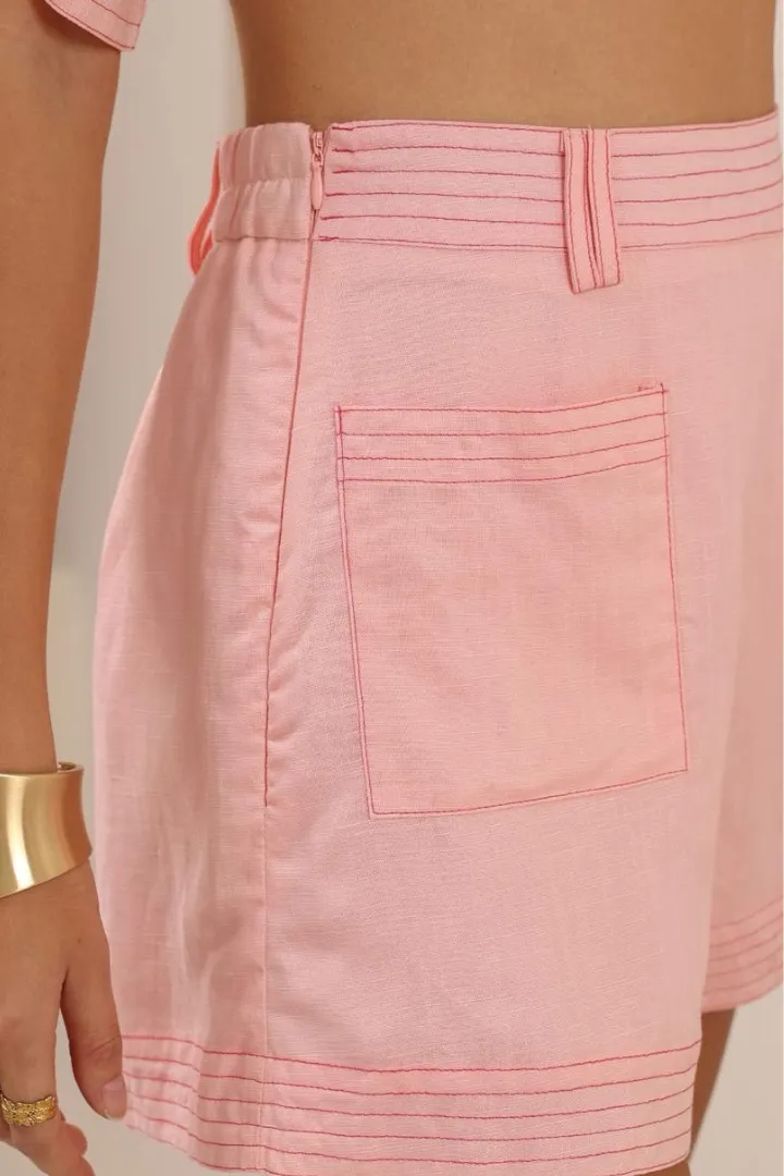 Amanda Shorts - Elasticated Back Waist Contrast Stitched Shorts in Pink sold by Salty Crush product image thumbnail 3