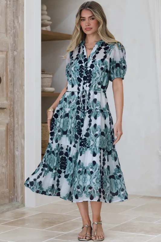 Lysa Midi Dress - Mandarin Collar Button Down Dress with Waist Tie in Calea Print Blue sold by Salty Crush