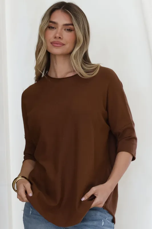 Allegra Knit Top - Crew Neck Curved Hem Box Silhouette Top in Chocolate sold by Salty Crush