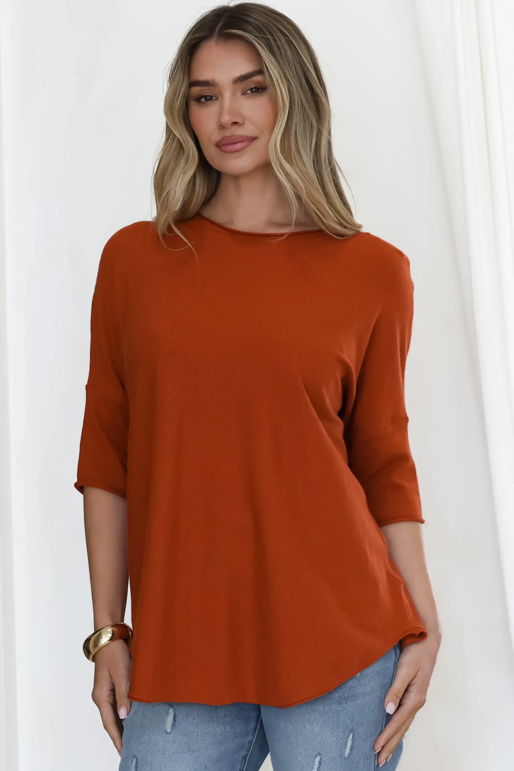 Allegra Knit Top - Crew Neck Curved Hem Box Silhouette Top in Burnt Orange sold by Salty Crush product image thumbnail 2