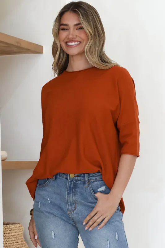 Allegra Knit Top - Crew Neck Curved Hem Box Silhouette Top in Burnt Orange sold by Salty Crush