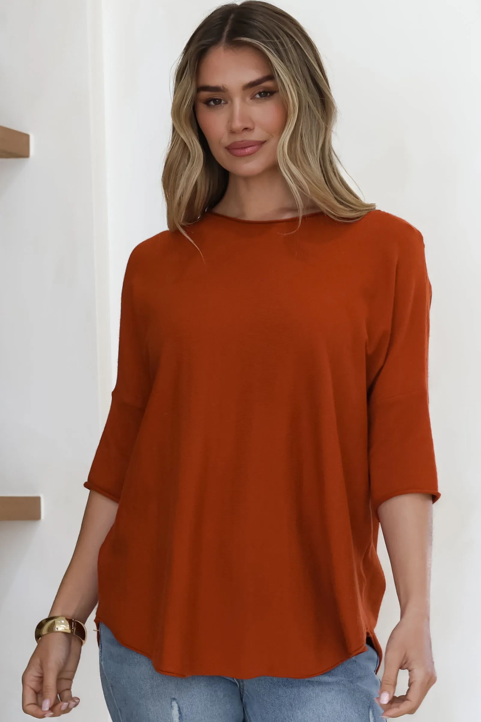 Allegra Knit Top - Crew Neck Curved Hem Box Silhouette Top in Burnt Orange sold by Salty Crush product image thumbnail 5