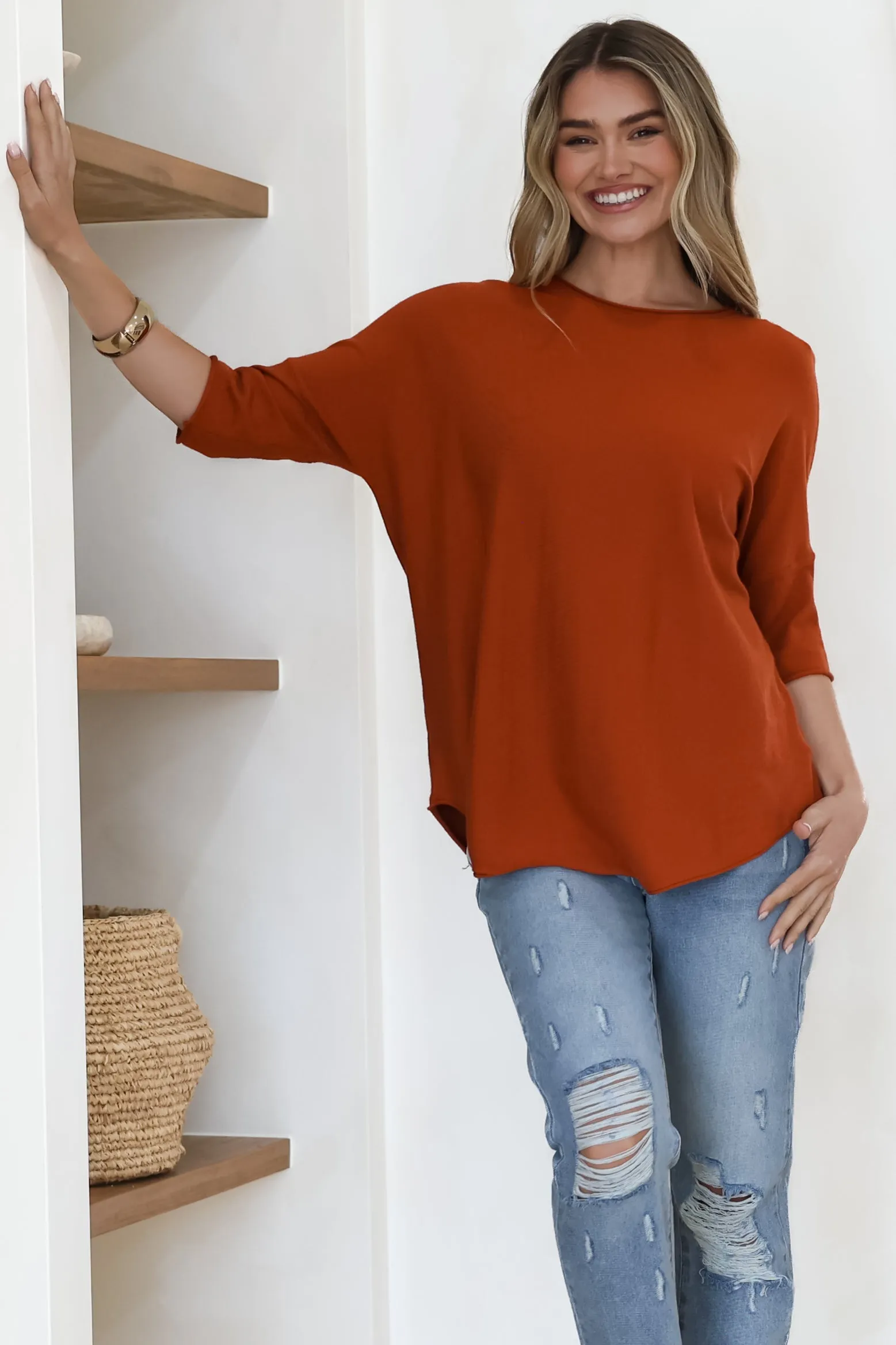 Allegra Knit Top - Crew Neck Curved Hem Box Silhouette Top in Burnt Orange sold by Salty Crush product image thumbnail 4