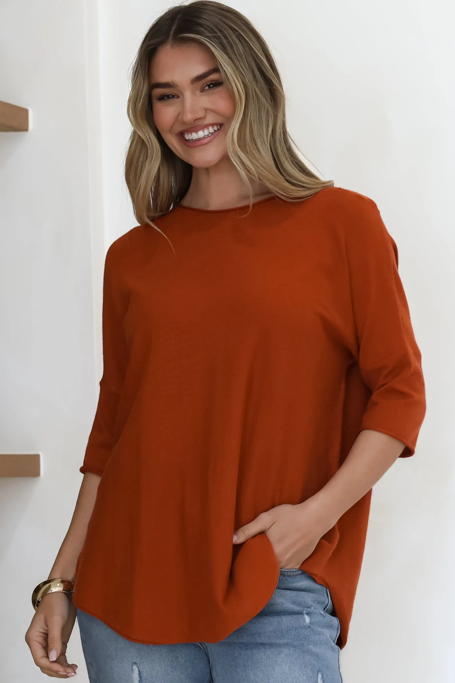 Allegra Knit Top - Crew Neck Curved Hem Box Silhouette Top in Burnt Orange sold by Salty Crush product image thumbnail 3