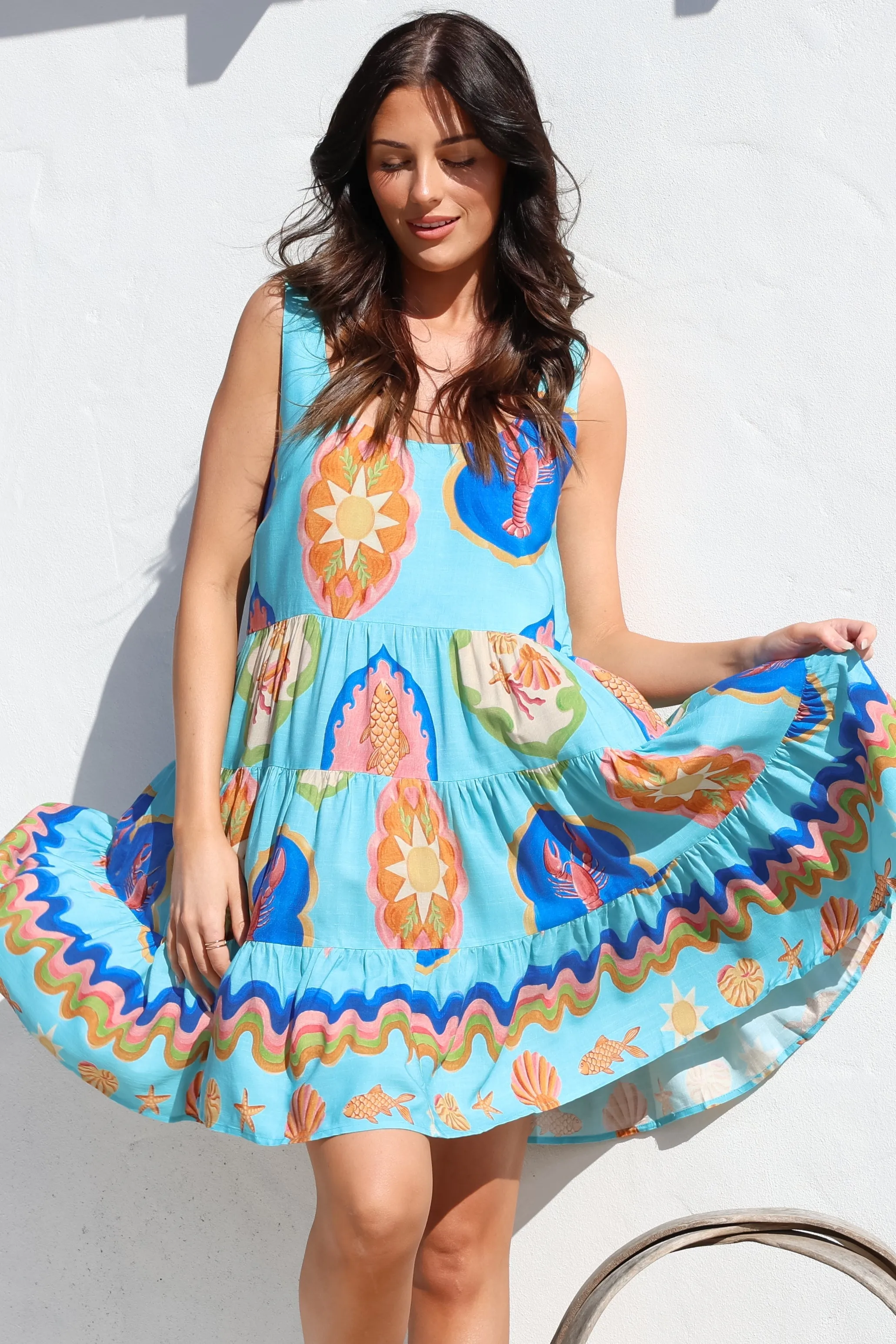 Benni Mini Dress - Scoop Neckline Tiered Sun Dress in Boardwalk Print sold by Salty Crush