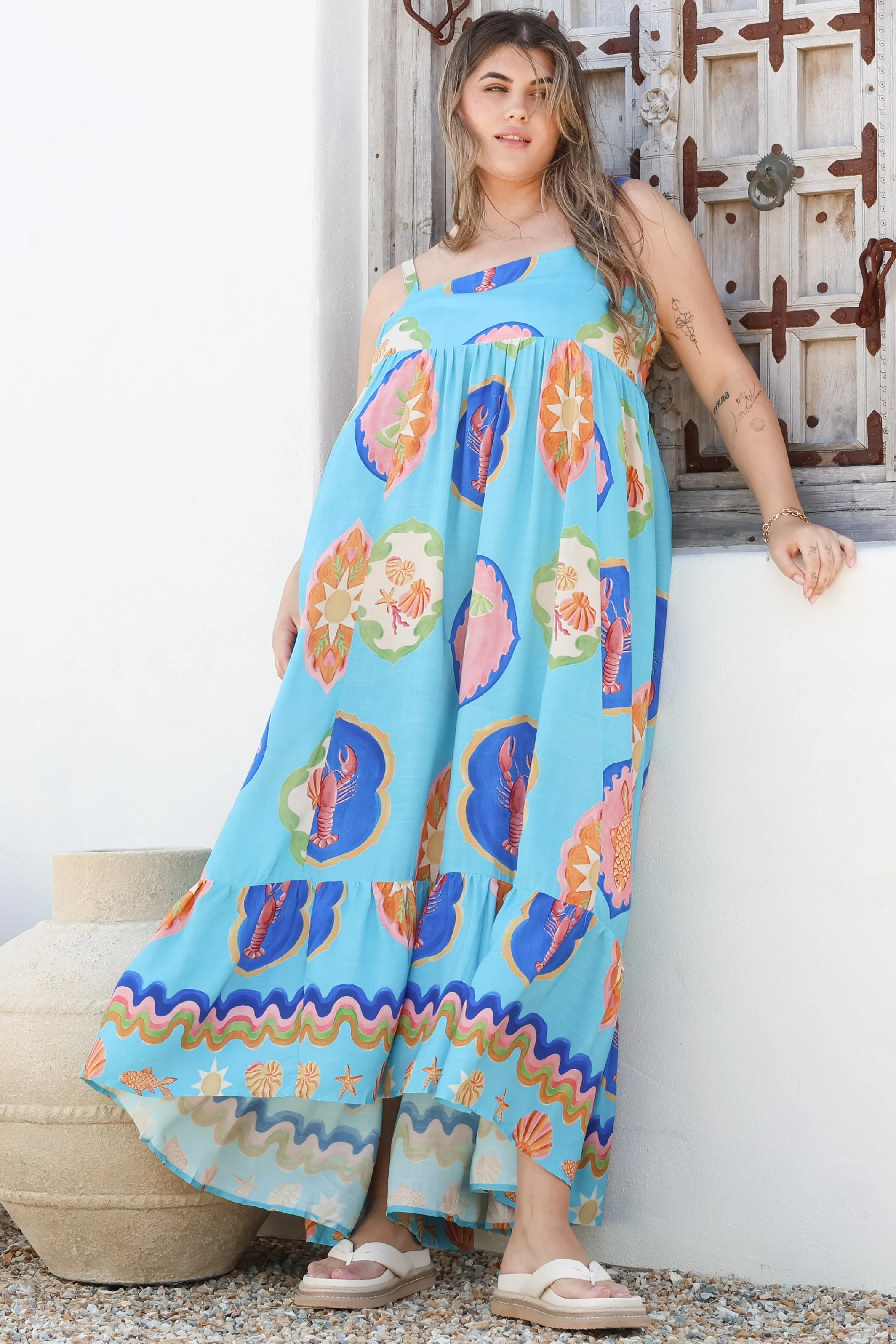 Ariel Maxi Dress - Adjustable Strap High Low Ruffle Hem Sun Dress in Boardwalk Print sold by Salty Crush product image thumbnail 4