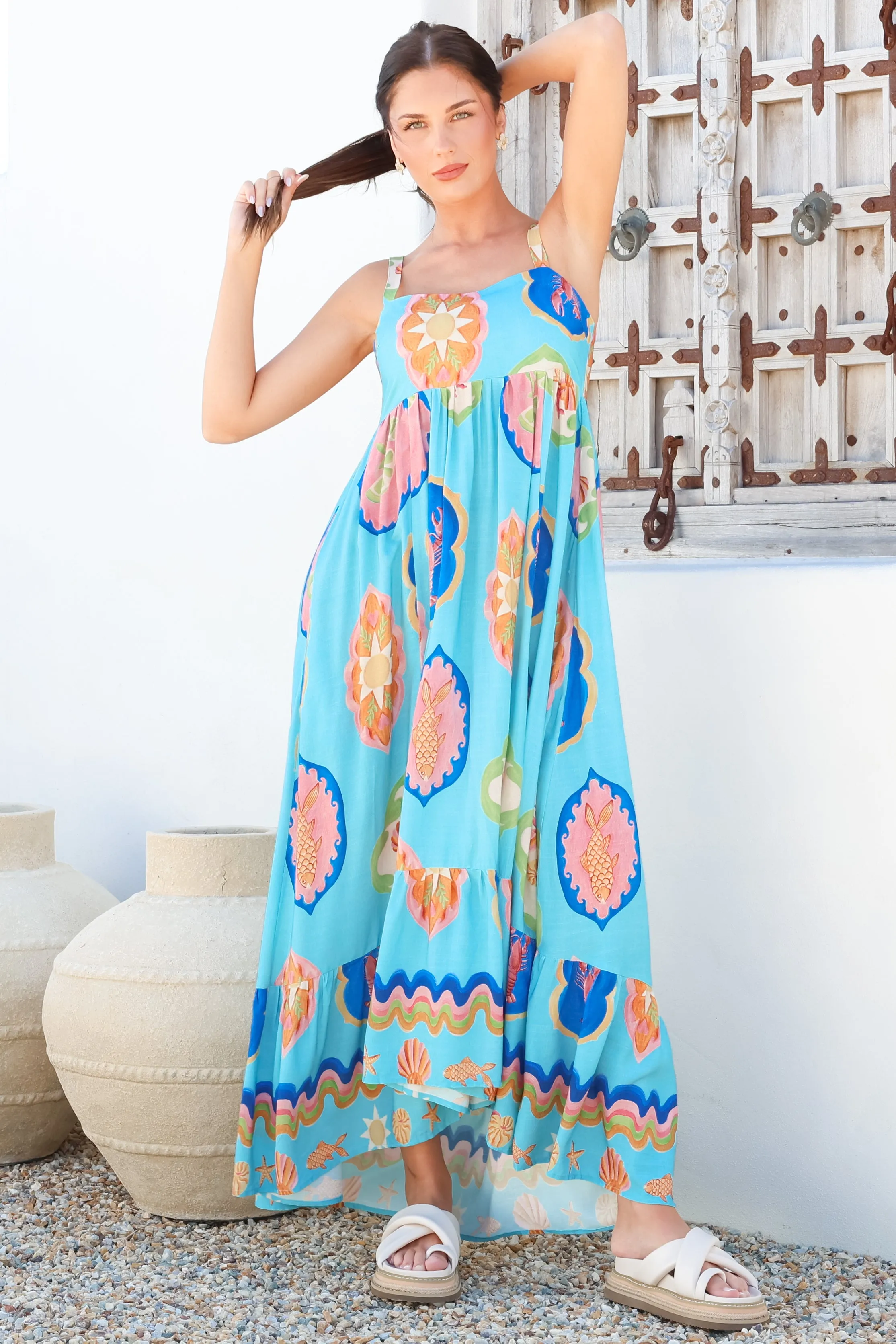 Ariel Maxi Dress - Adjustable Strap High Low Ruffle Hem Sun Dress in Boardwalk Print sold by Salty Crush product image thumbnail 5