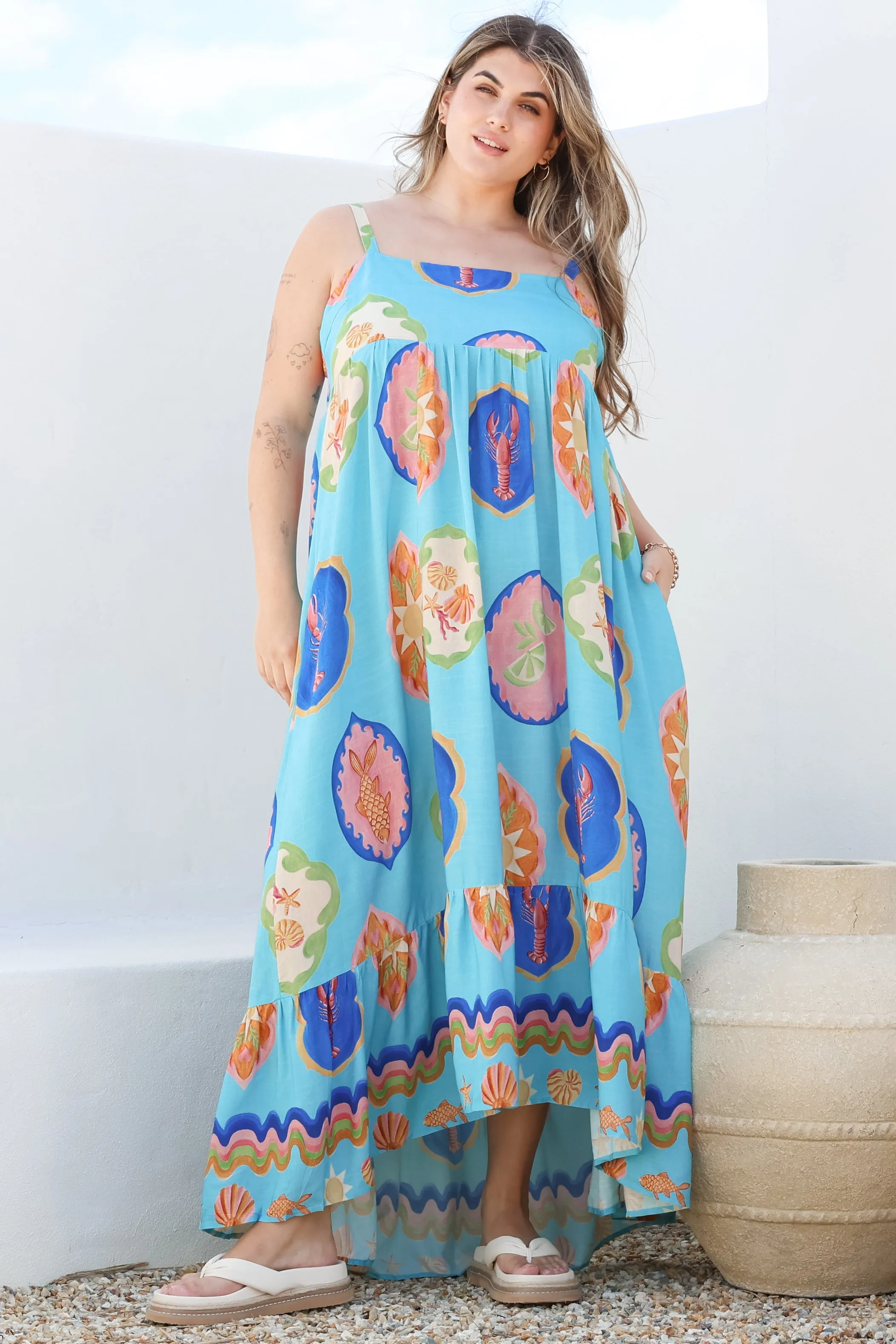 Ariel Maxi Dress - Adjustable Strap High Low Ruffle Hem Sun Dress in Boardwalk Print sold by Salty Crush product image thumbnail 2