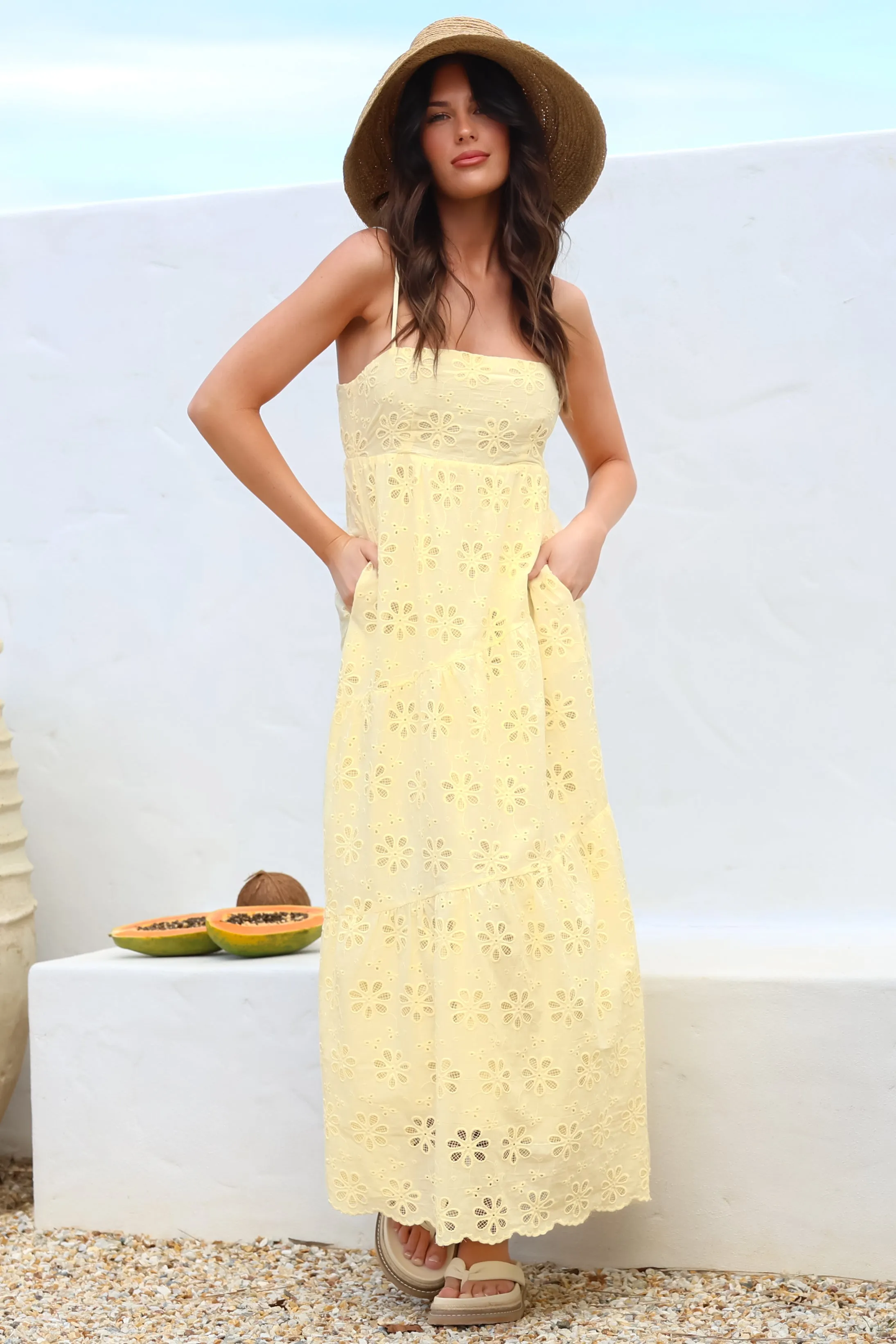 Giulia Maxi Dress - Floral Embroidered Sun Dress in Light Lemon sold by Salty Crush product image thumbnail 5