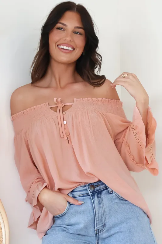 Sarah Top - Off Shoulder Ruffled Sleeve Top in Blush sold by Salty Crush