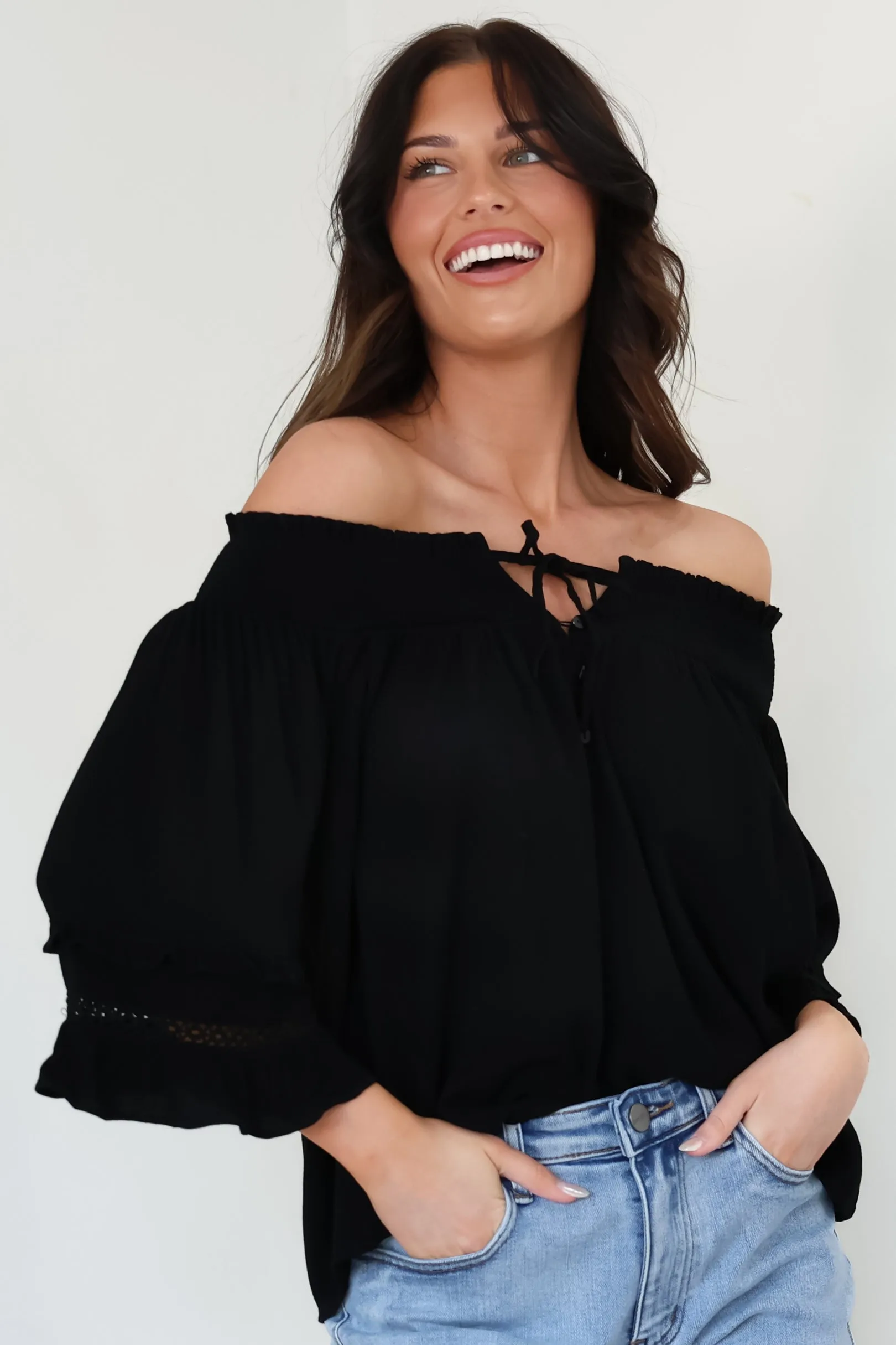 Sarah Top - Off Shoulder Ruffled Sleeve Top in Black sold by Salty Crush product image thumbnail 3