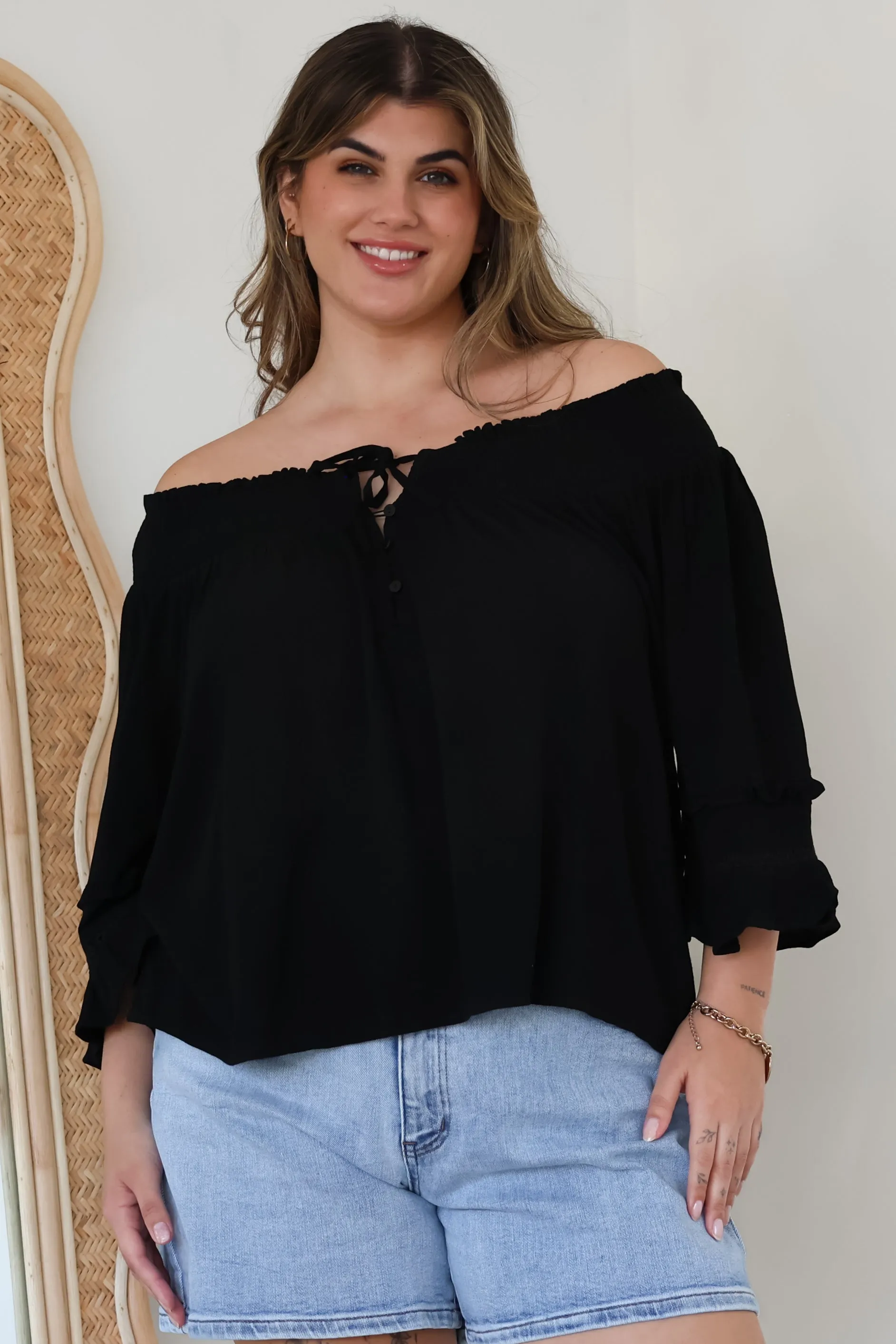 Sarah Top - Off Shoulder Ruffled Sleeve Top in Black sold by Salty Crush product image thumbnail 2