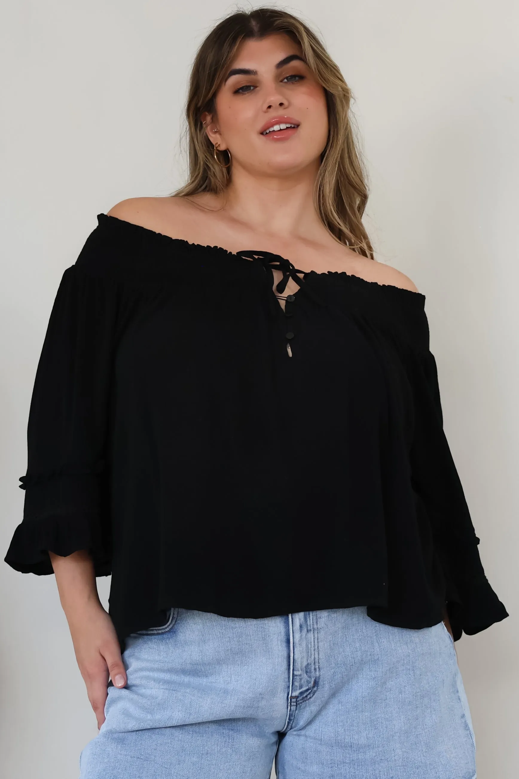 Sarah Top - Off Shoulder Ruffled Sleeve Top in Black sold by Salty Crush product image thumbnail 4