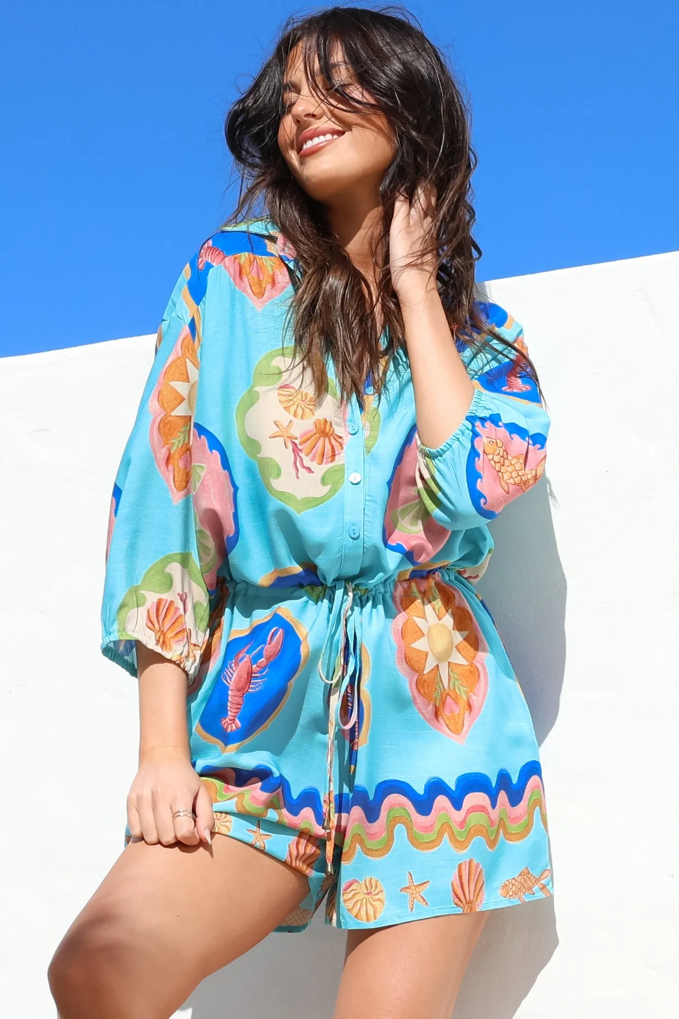 Loula Playsuit - Collared Buttoned Bodice Playsuit with Drawstring Waist in Boardwalk Print sold by Salty Crush product image thumbnail 3