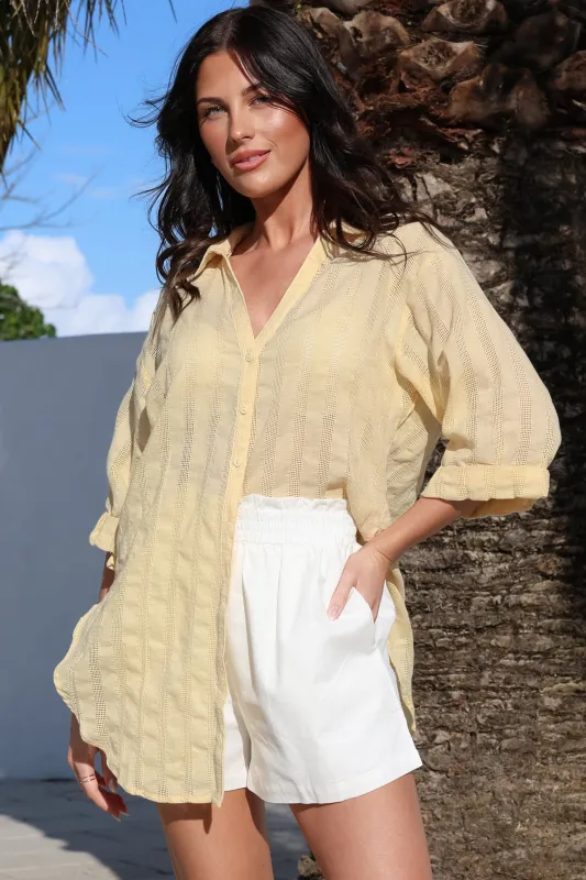 Beachly Mesh Shirt - Cotton Mesh Stripe Relaxed Button Down Shirt in Yellow sold by Salty Crush