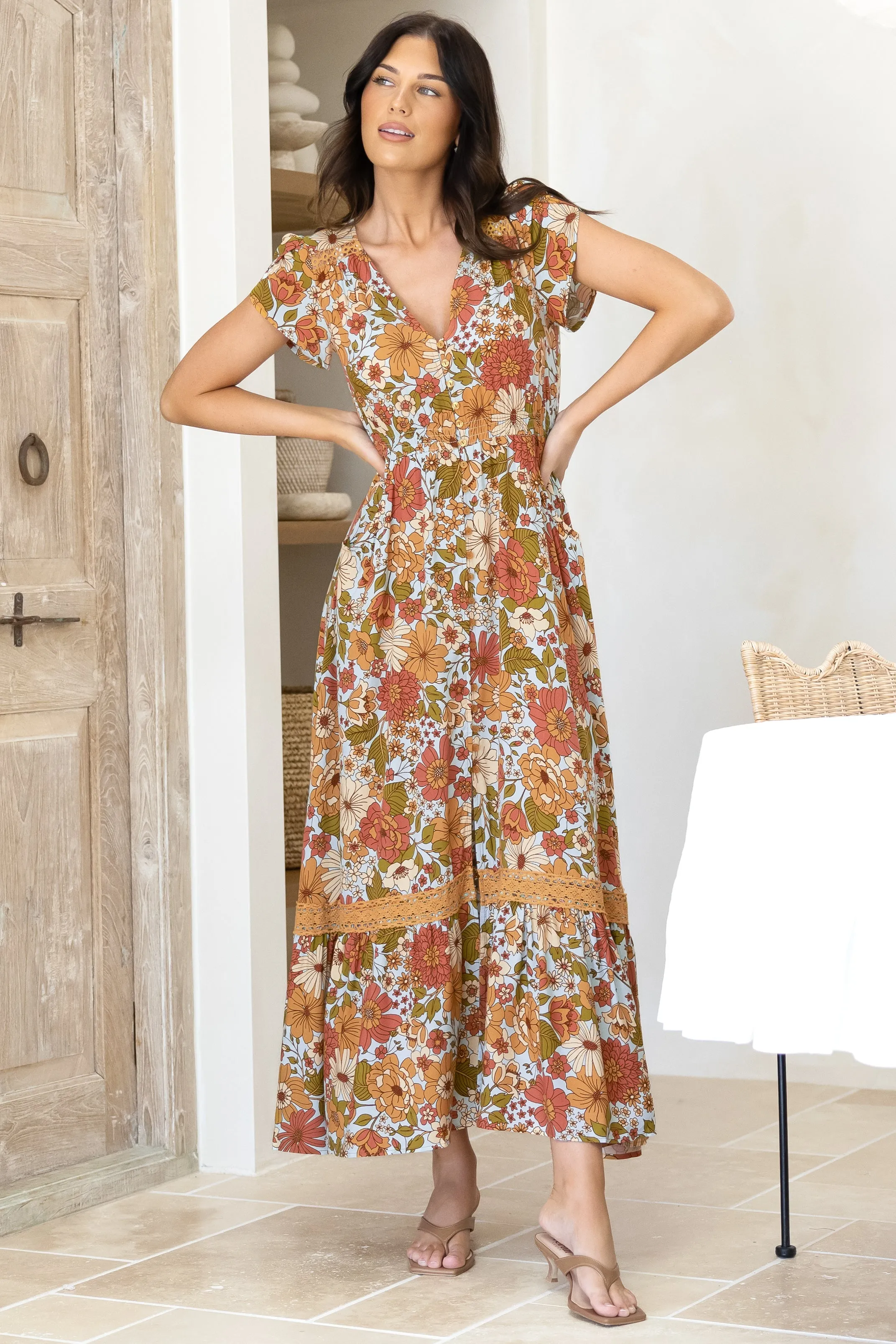 Carmen Maxi Dress: Butterfly Cap Sleeve Button Down A Line Dress with Lace Trim in Mimosa Print sold by Salty Crush product image thumbnail 4