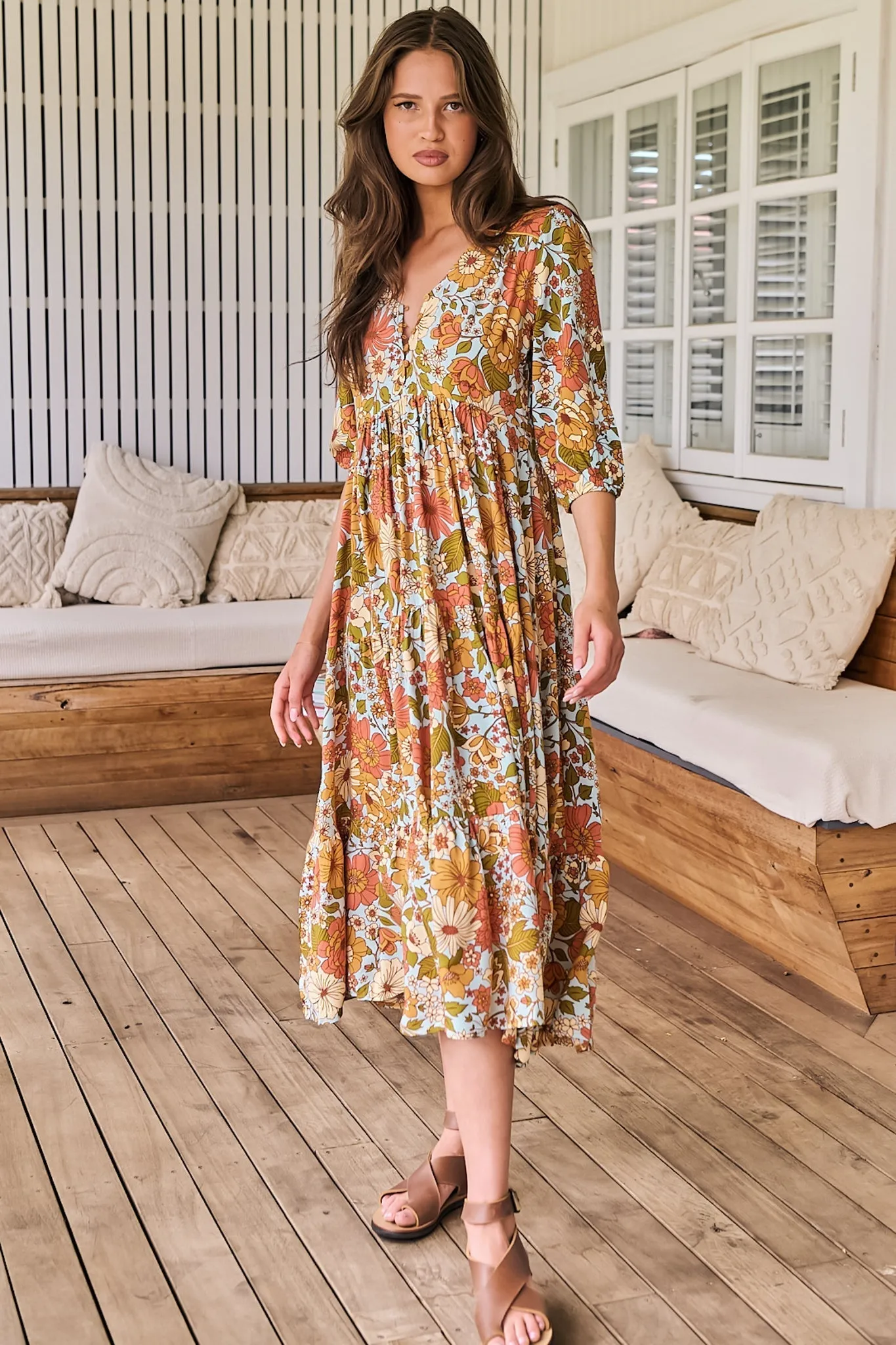 Eve Midi Dress - V Neck Tiered Dress with Option Waist Tie in Mimosa Print sold by Salty Crush product image thumbnail 2