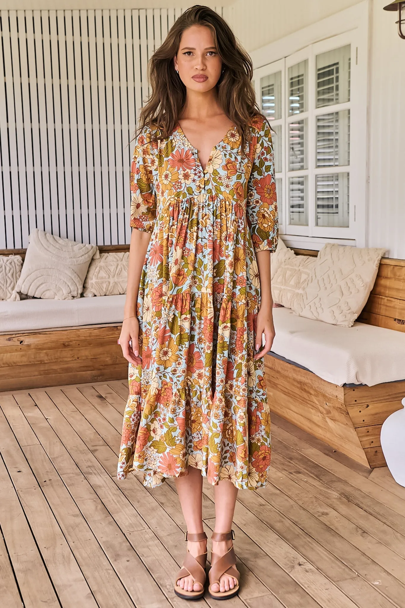 Eve Midi Dress - V Neck Tiered Dress with Option Waist Tie in Mimosa Print sold by Salty Crush product image thumbnail 4