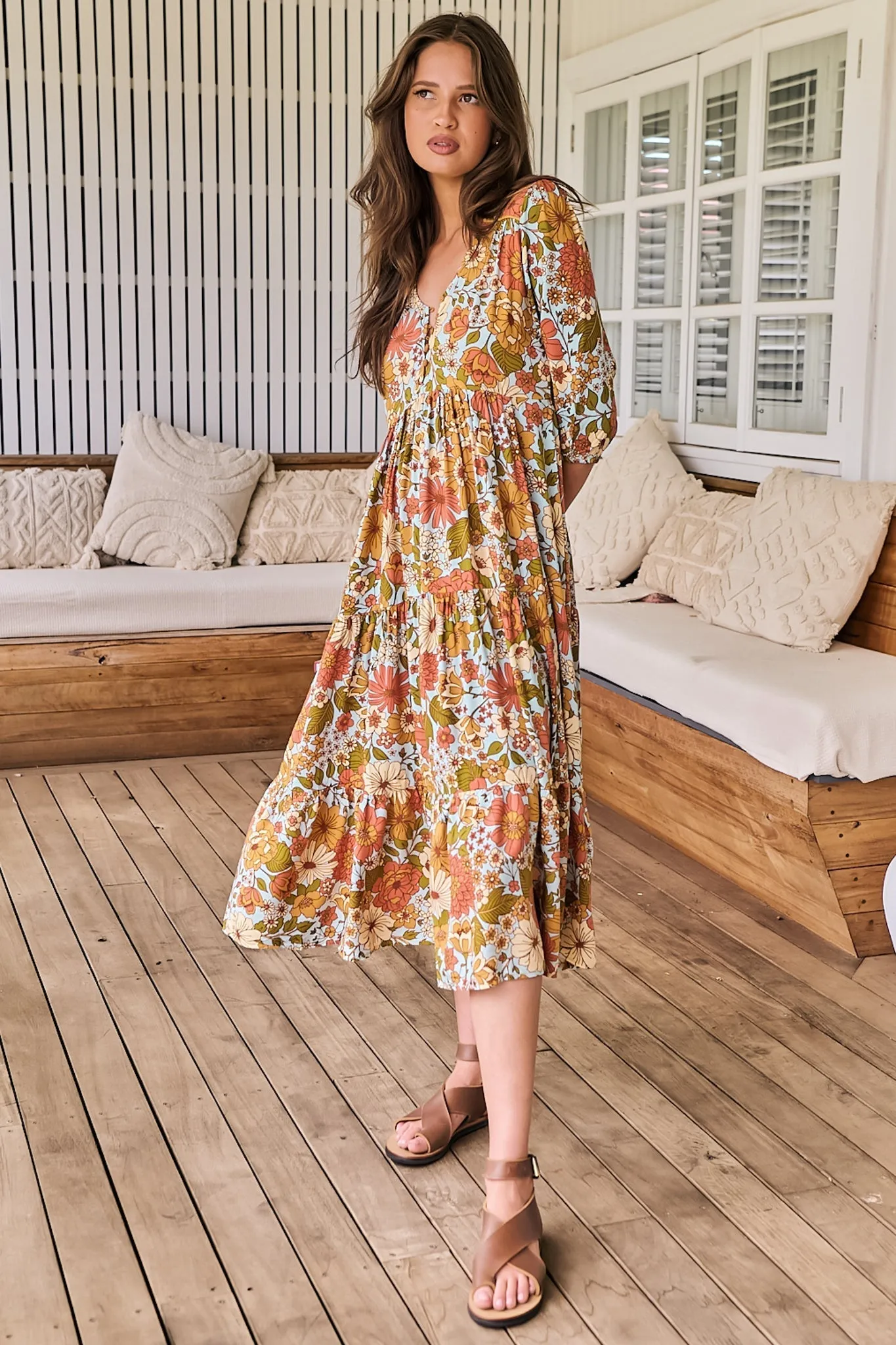 Eve Midi Dress - V Neck Tiered Dress with Option Waist Tie in Mimosa Print sold by Salty Crush product image thumbnail 5