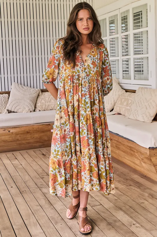 Eve Midi Dress - V Neck Tiered Dress with Option Waist Tie in Mimosa Print sold by Salty Crush