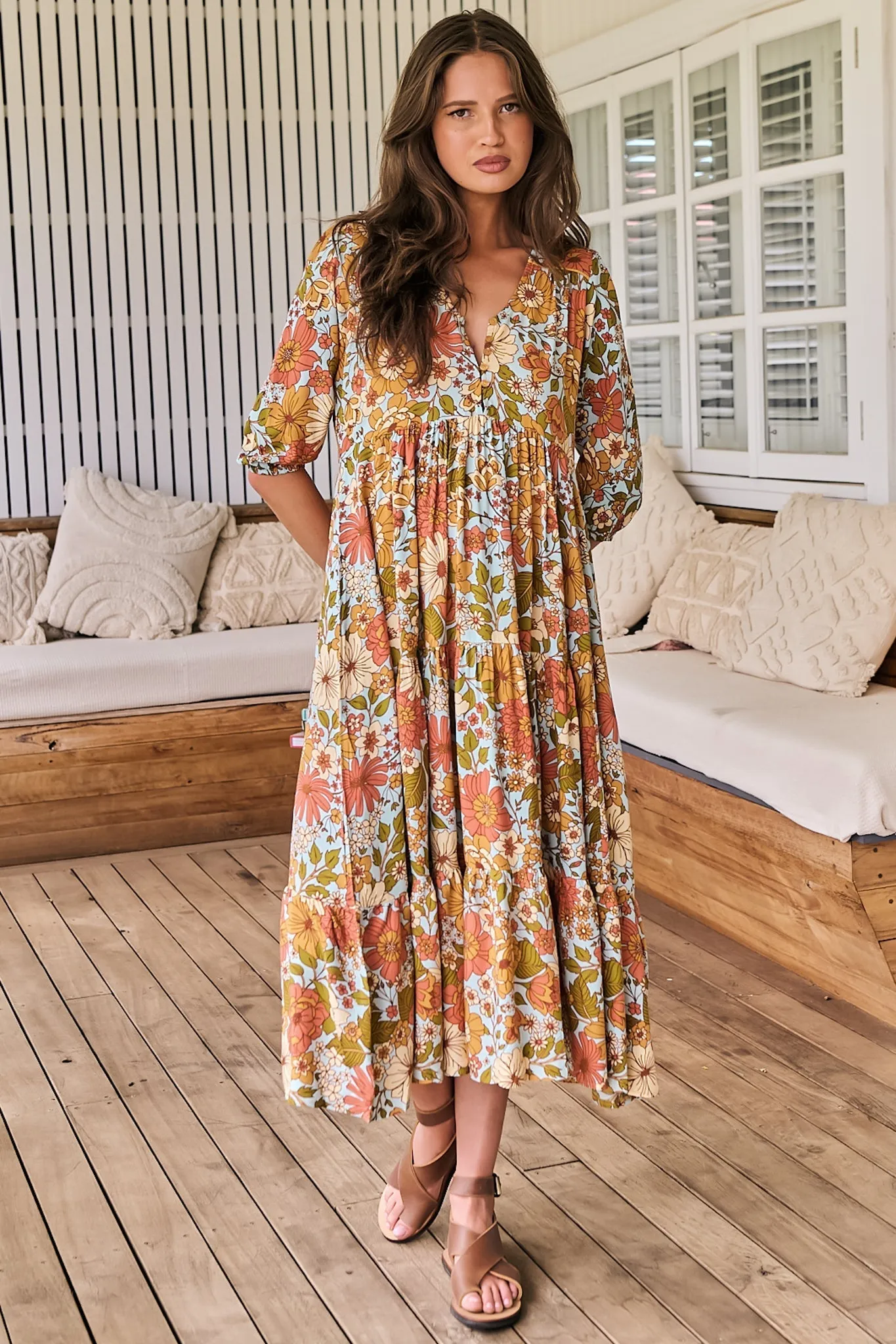 Eve Midi Dress - V Neck Tiered Dress with Option Waist Tie in Mimosa Print sold by Salty Crush