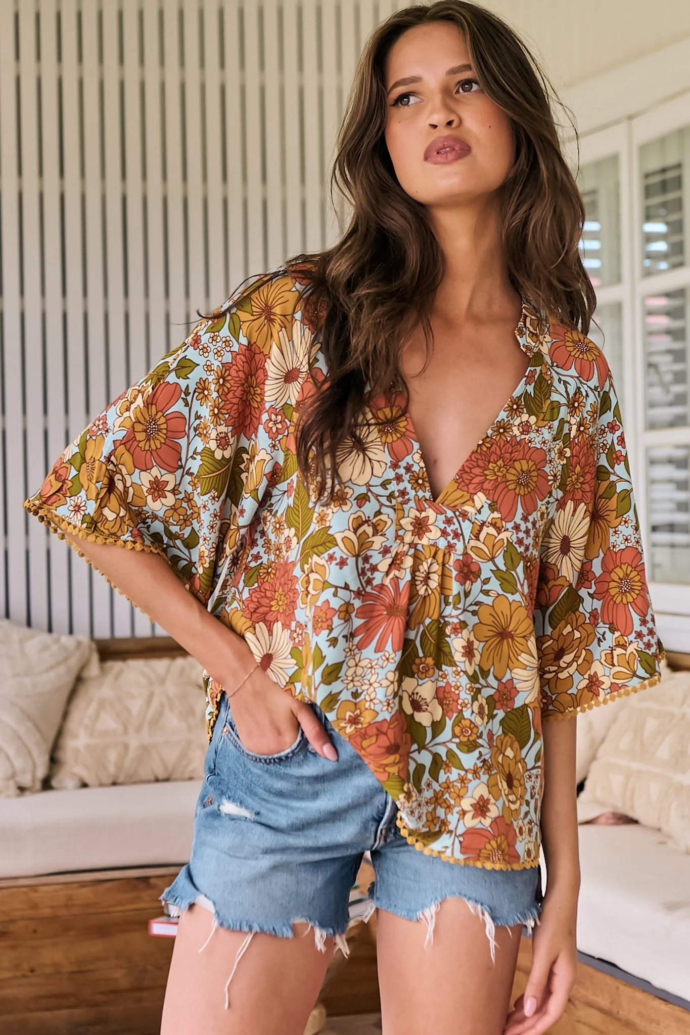 Gabriella Top - Mandarin Collar Deep V Neck Crochet Trim Top in Mimosa Print sold by Salty Crush product image thumbnail 5