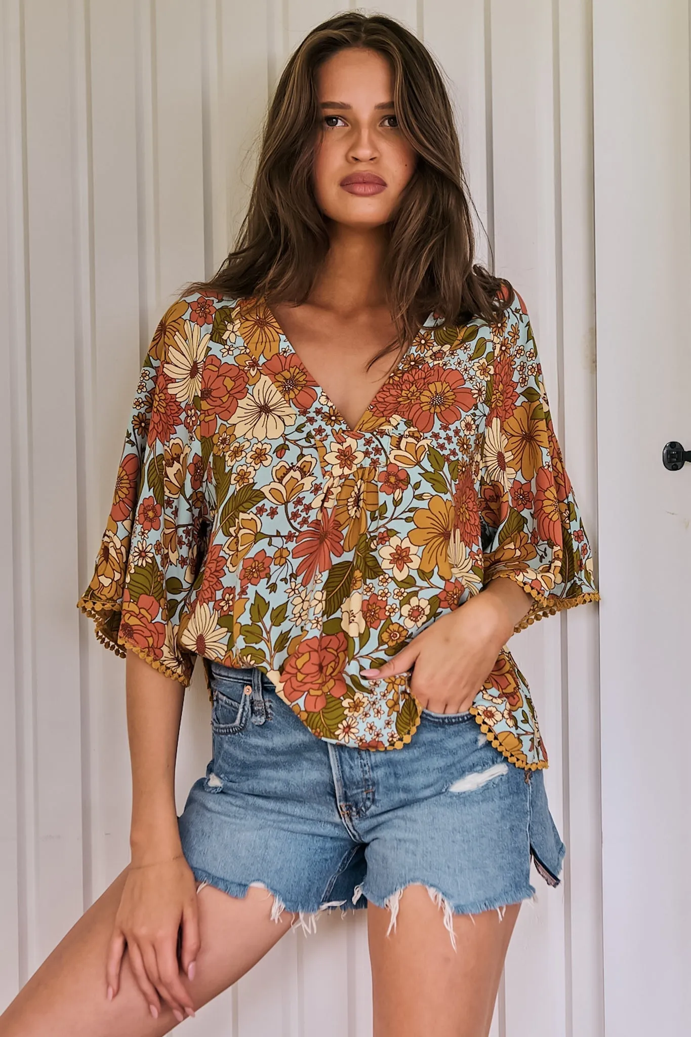 Gabriella Top - Mandarin Collar Deep V Neck Crochet Trim Top in Mimosa Print sold by Salty Crush product image thumbnail 4