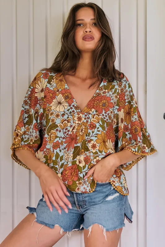 Gabriella Top - Mandarin Collar Deep V Neck Crochet Trim Top in Mimosa Print sold by Salty Crush