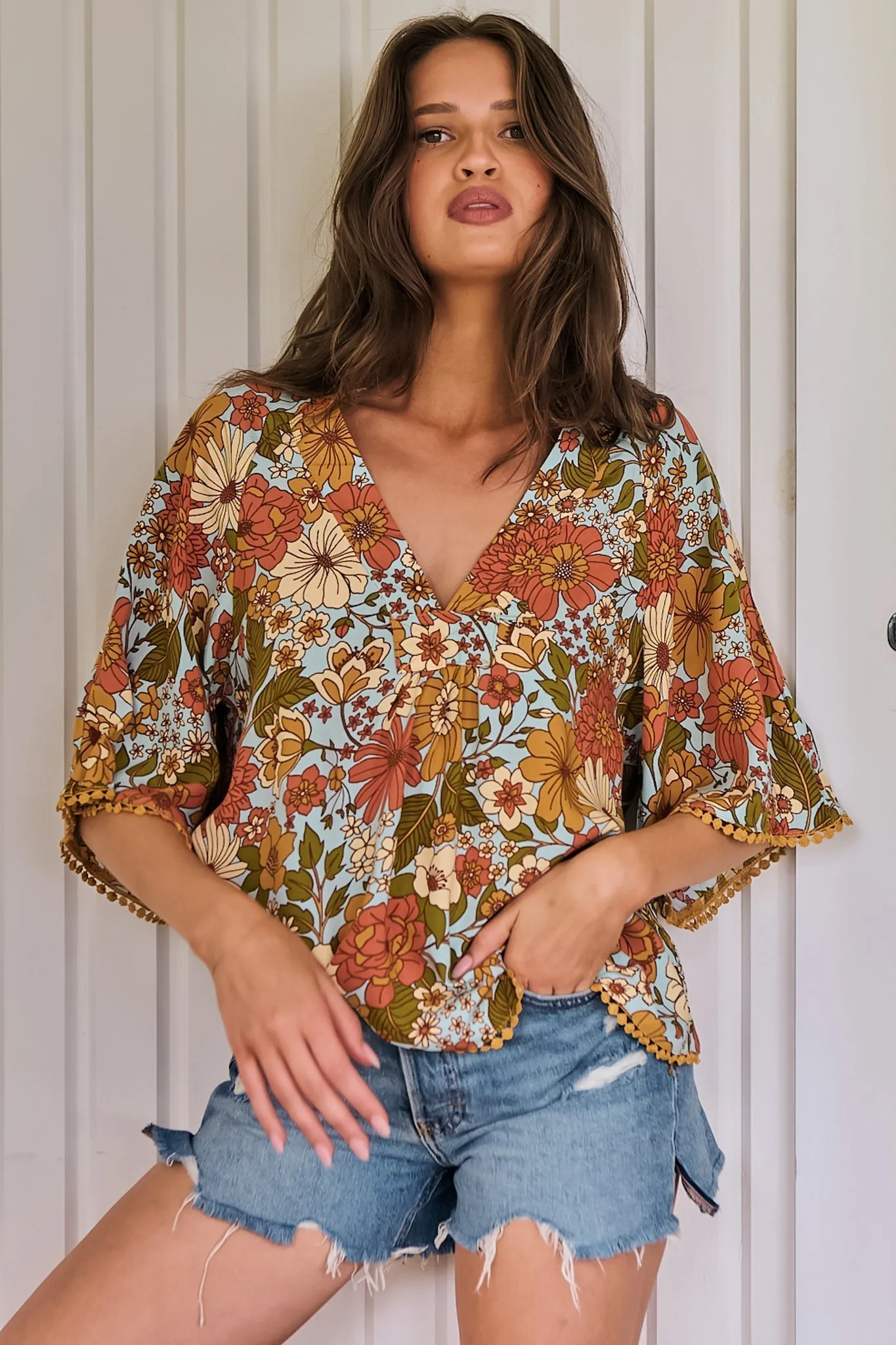 Gabriella Top - Mandarin Collar Deep V Neck Crochet Trim Top in Mimosa Print sold by Salty Crush