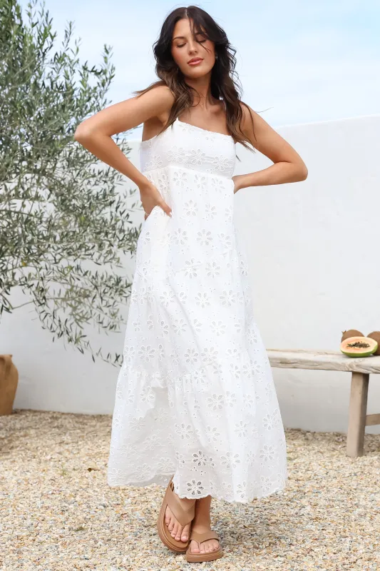 Giulia Maxi Dress - Floral Embroidered Sun Dress in White sold by Salty Crush