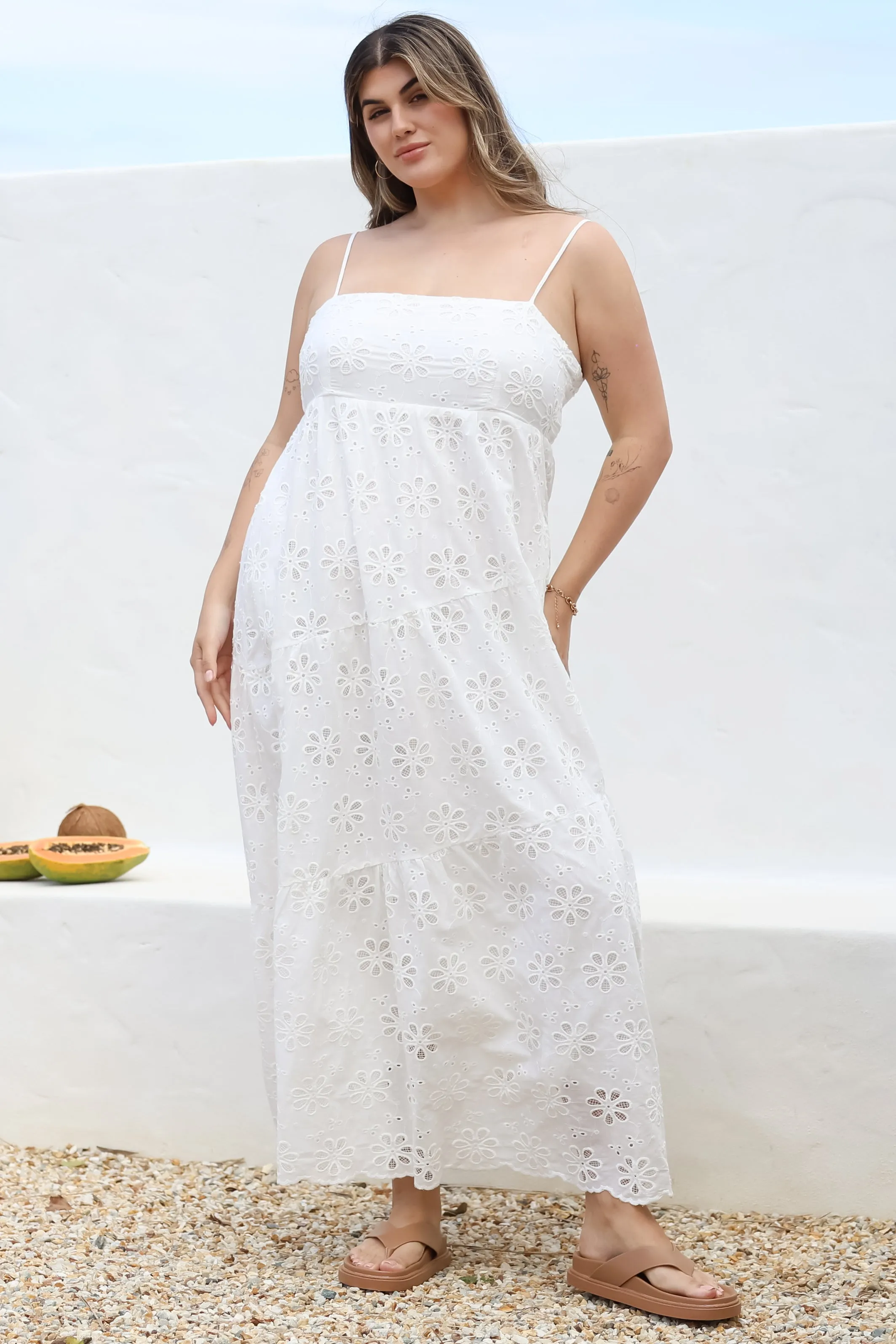 Giulia Maxi Dress - Floral Embroidered Sun Dress in White sold by Salty Crush product image thumbnail 2