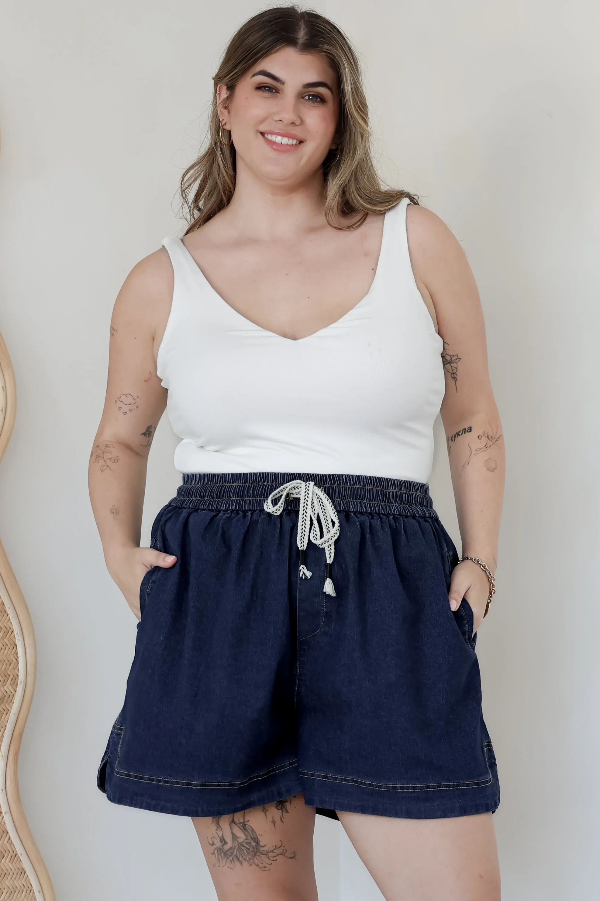 Aydar Denim Shorts - High Waisted Scoop Hemline Shorts in Dark Denim sold by Salty Crush product image thumbnail 2