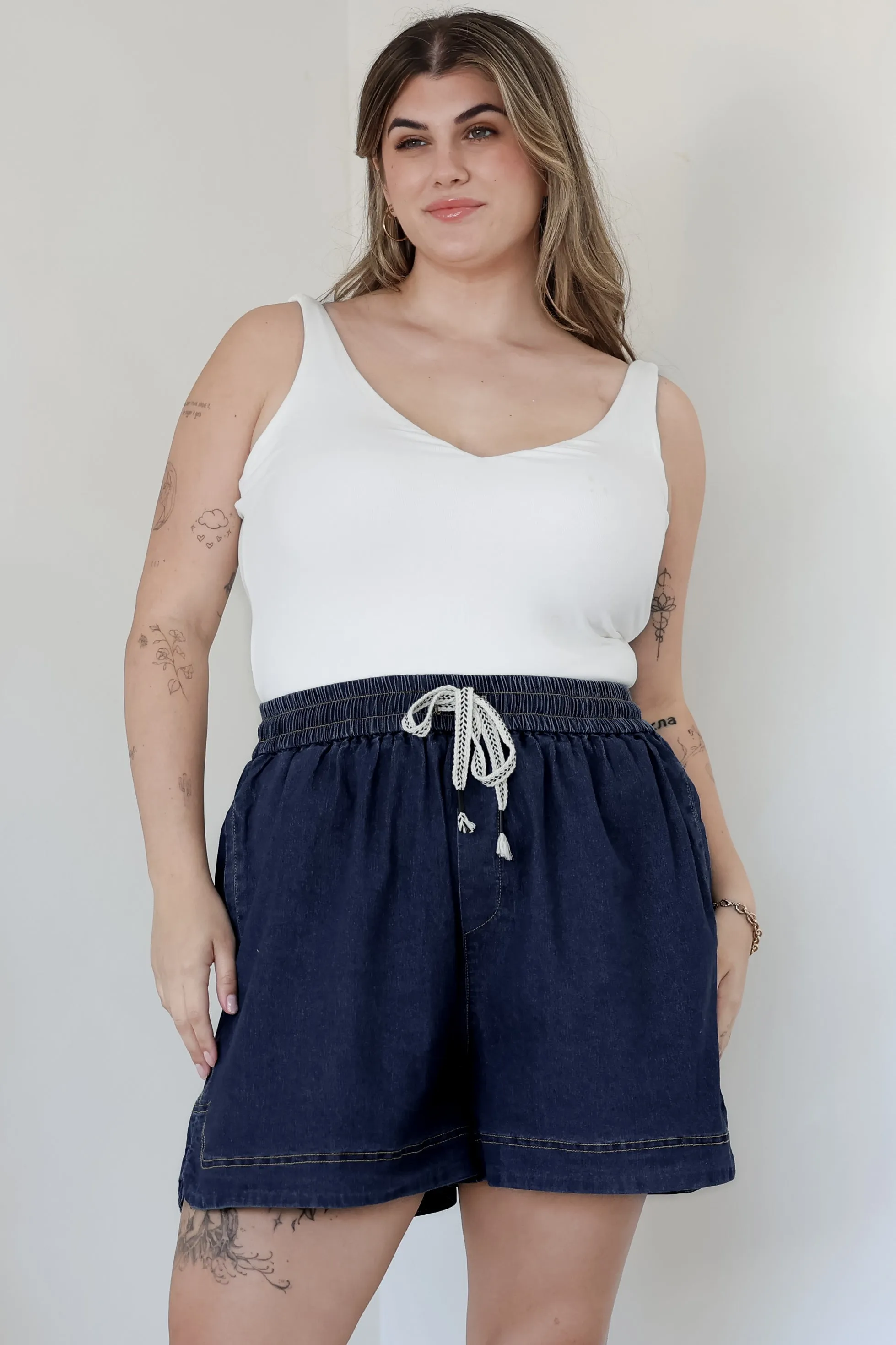 Aydar Denim Shorts - High Waisted Scoop Hemline Shorts in Dark Denim sold by Salty Crush product image thumbnail 5
