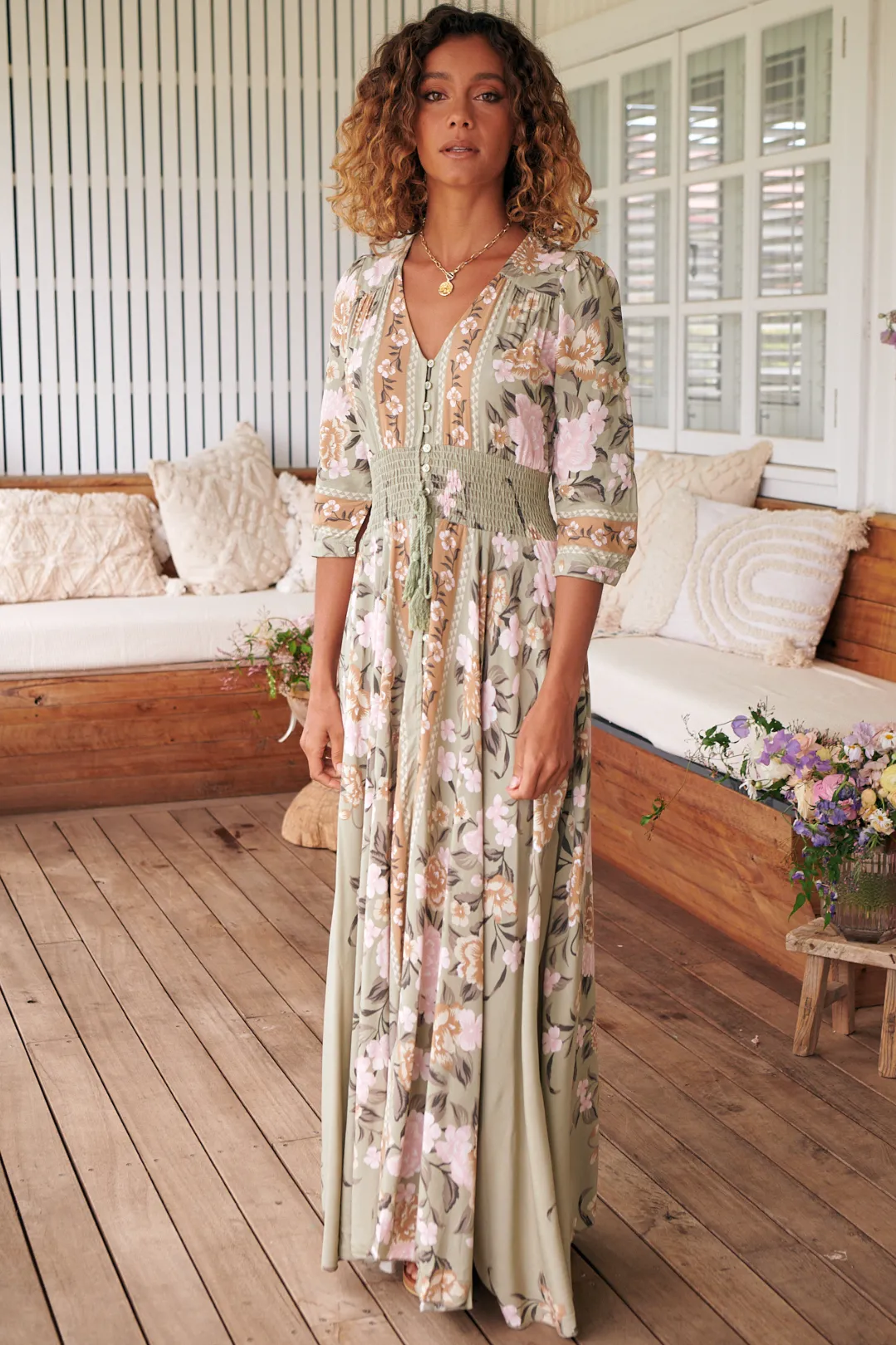 Indiana Maxi Dress - Lace Back Shirred Waist A Line Dress with Handkerchief Hemline in Adore You Print sold by Salty Crush product image thumbnail 4