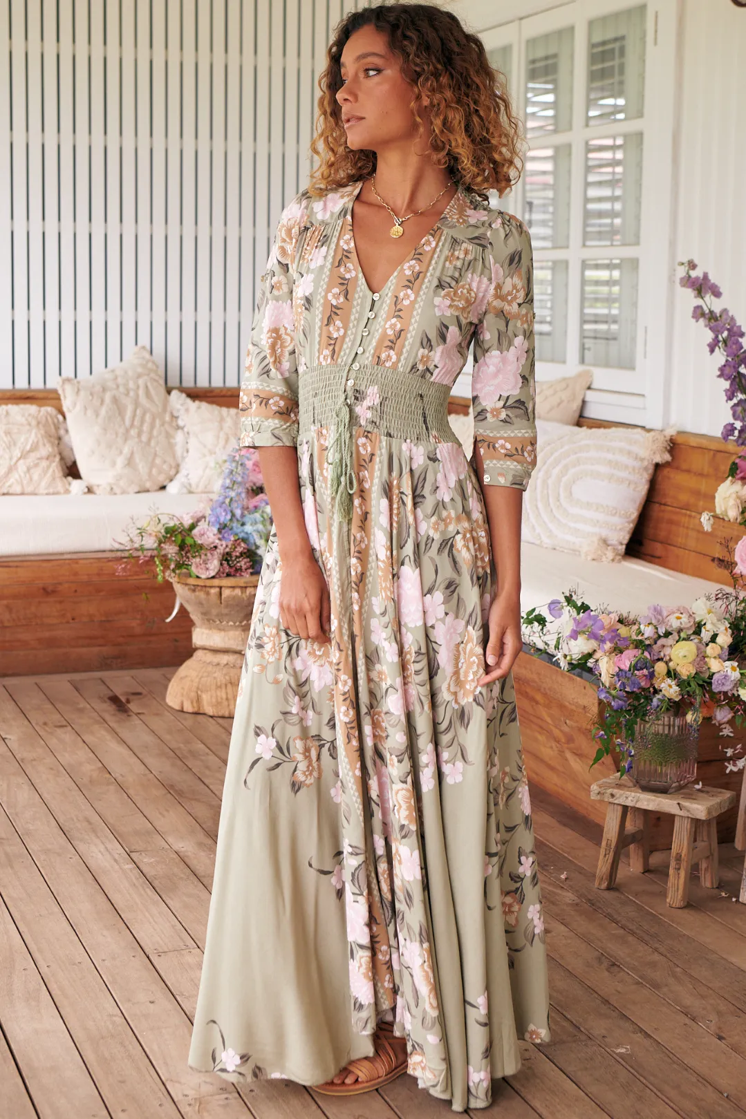 Indiana Maxi Dress - Lace Back Shirred Waist A Line Dress with Handkerchief Hemline in Adore You Print sold by Salty Crush