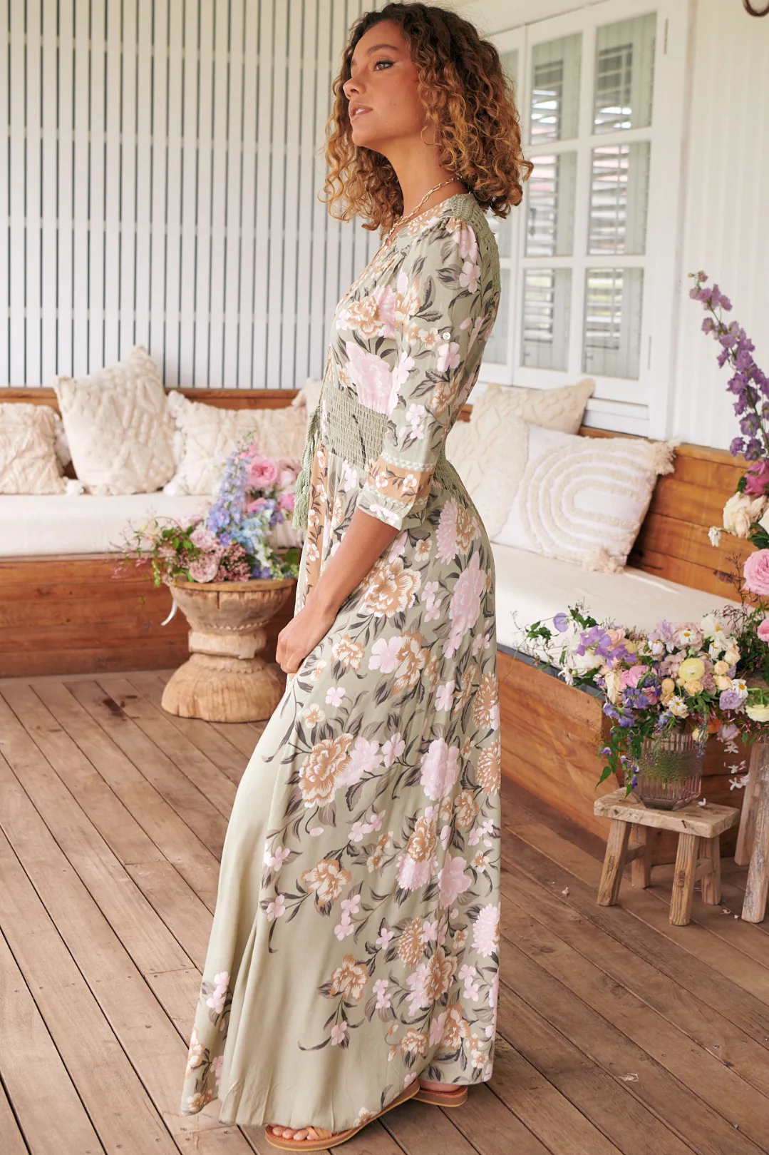 Indiana Maxi Dress - Lace Back Shirred Waist A Line Dress with Handkerchief Hemline in Adore You Print sold by Salty Crush product image thumbnail 5