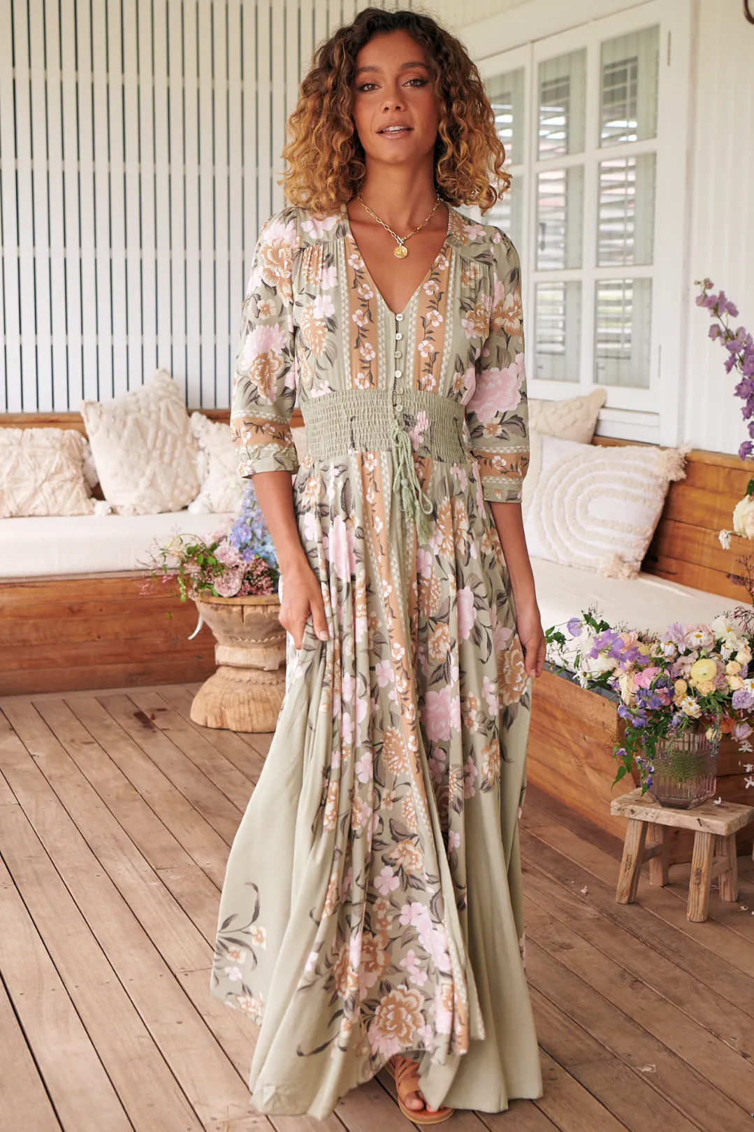 Indiana Maxi Dress - Lace Back Shirred Waist A Line Dress with Handkerchief Hemline in Adore You Print sold by Salty Crush product image thumbnail 2