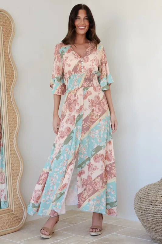 Alba Maxi Dress - Buttoned Bodice A Line Dress With Flute Sleeves In Clavelle Print sold by Salty Crush