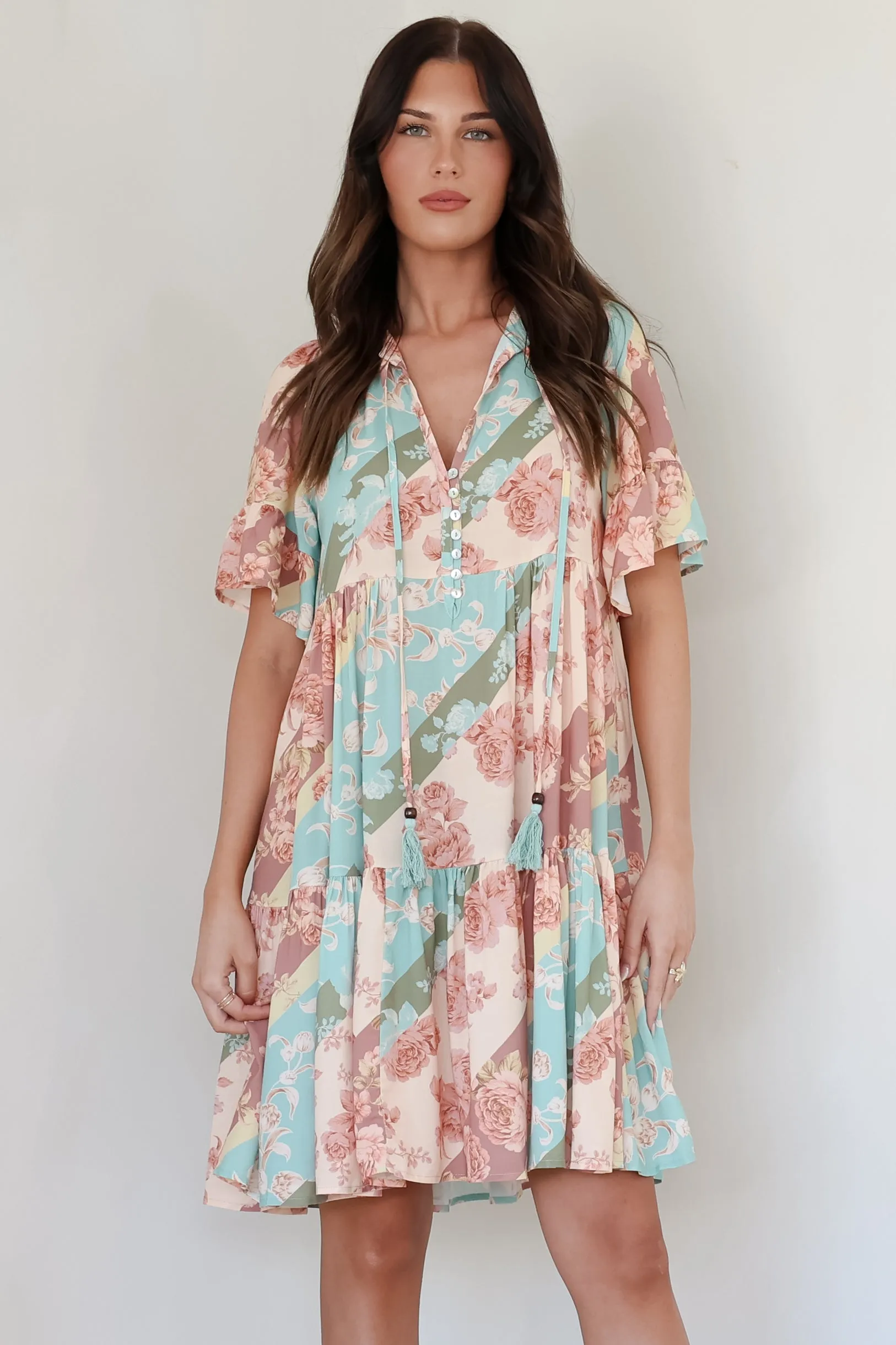 Abilia Mini Dress - Mandarin Collar Smock Dress in Clavelle Print sold by Salty Crush