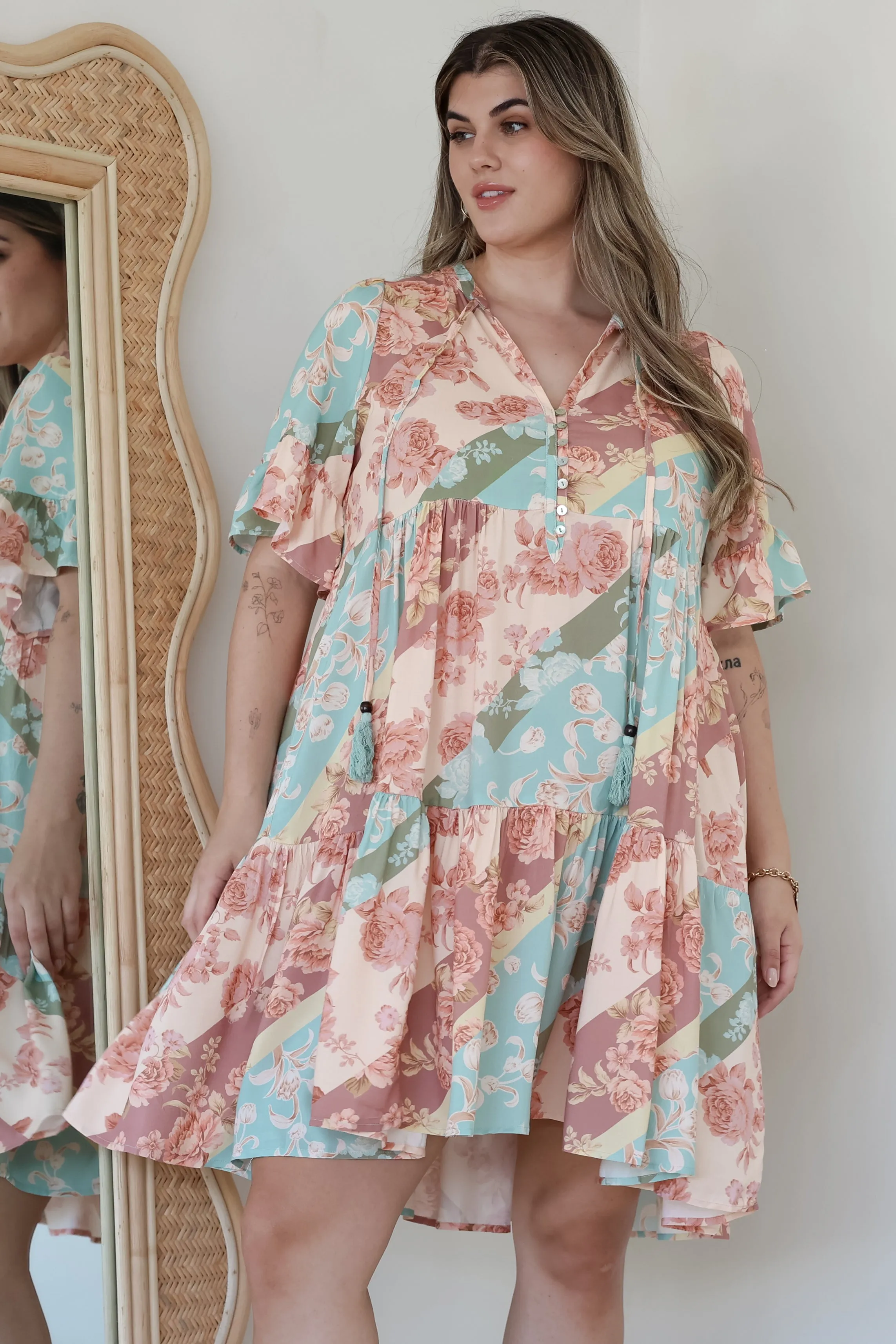 Abilia Mini Dress - Mandarin Collar Smock Dress in Clavelle Print sold by Salty Crush product image thumbnail 4