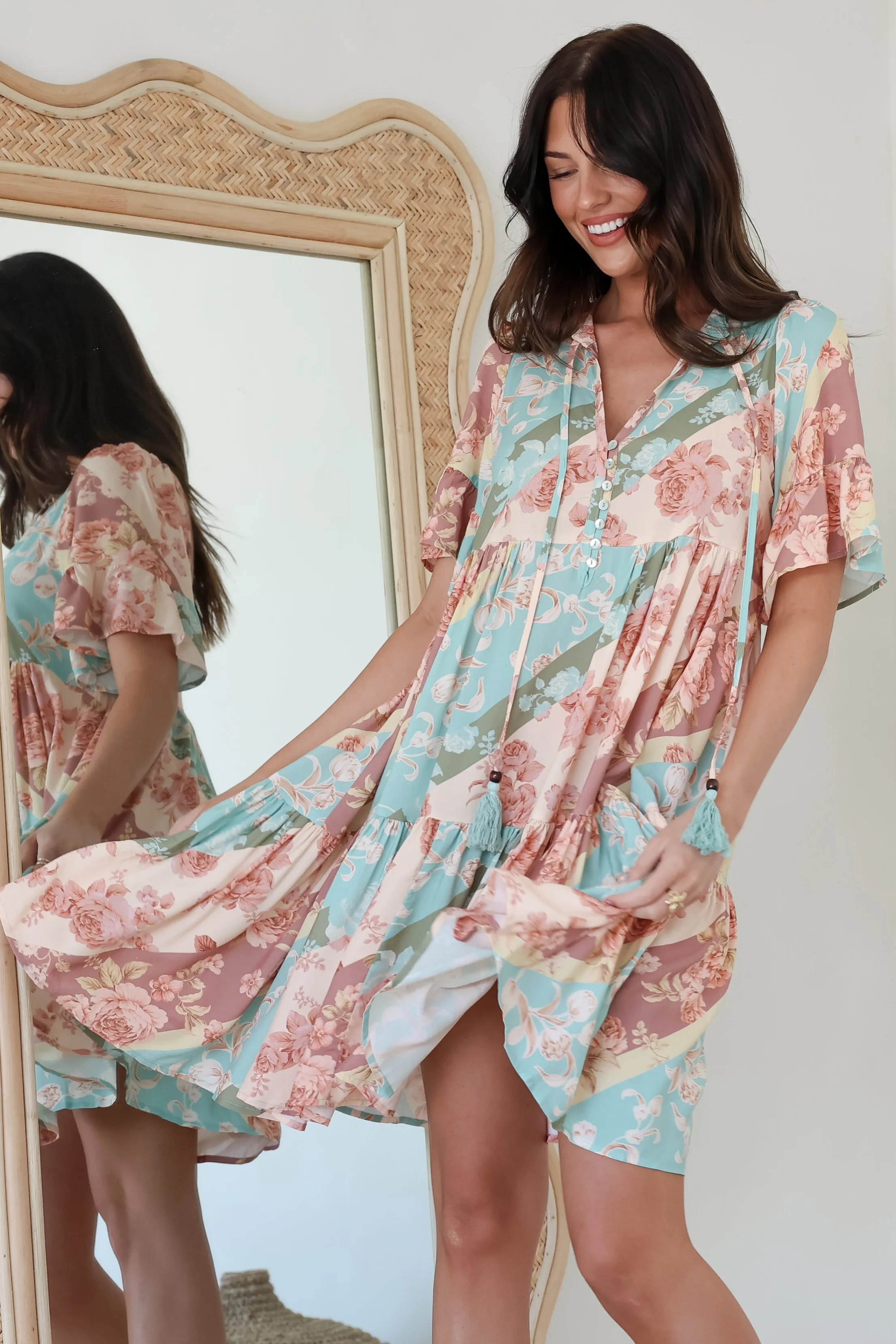 Abilia Mini Dress - Mandarin Collar Smock Dress in Clavelle Print sold by Salty Crush product image thumbnail 5