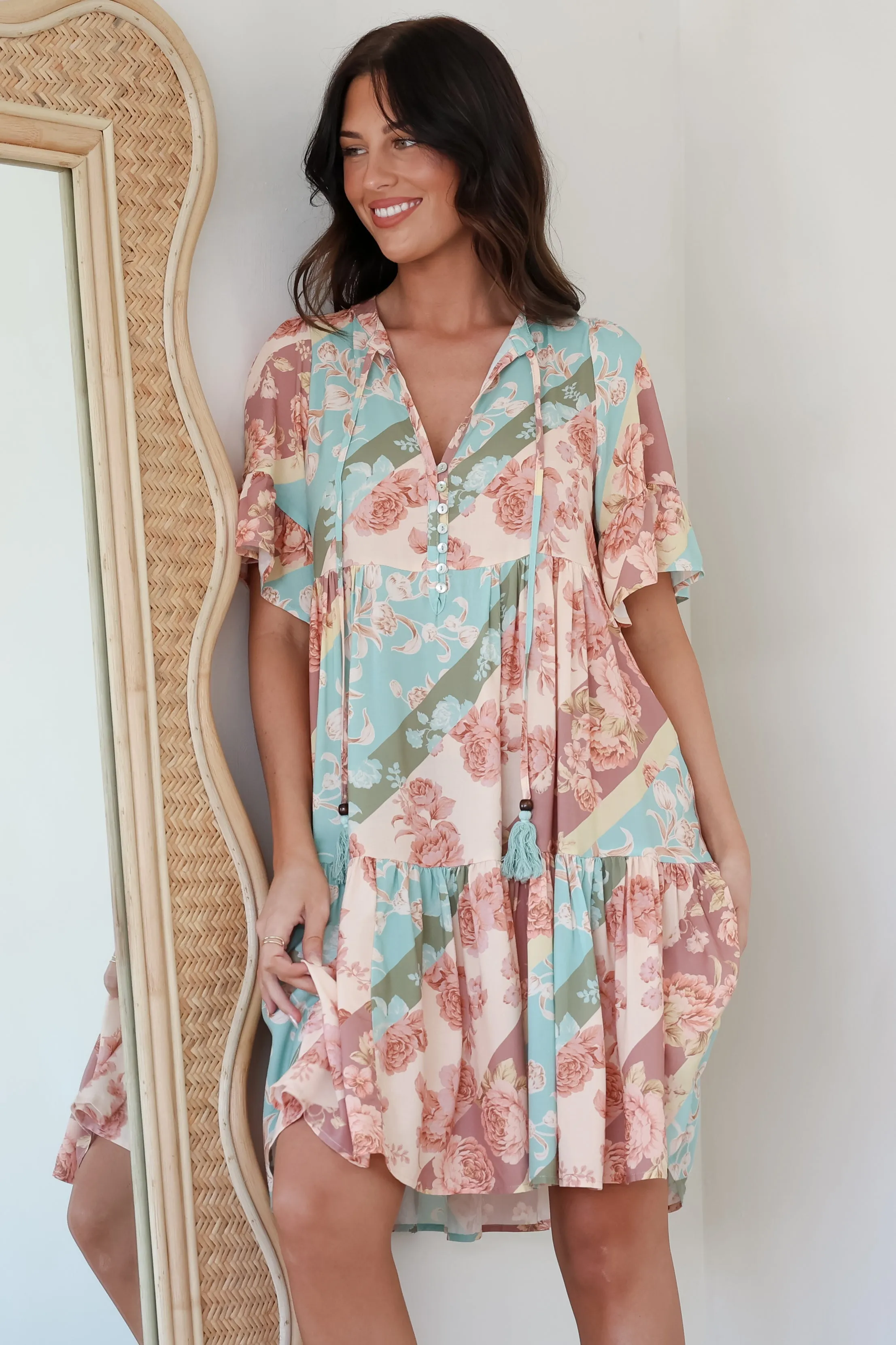 Abilia Mini Dress - Mandarin Collar Smock Dress in Clavelle Print sold by Salty Crush product image thumbnail 3