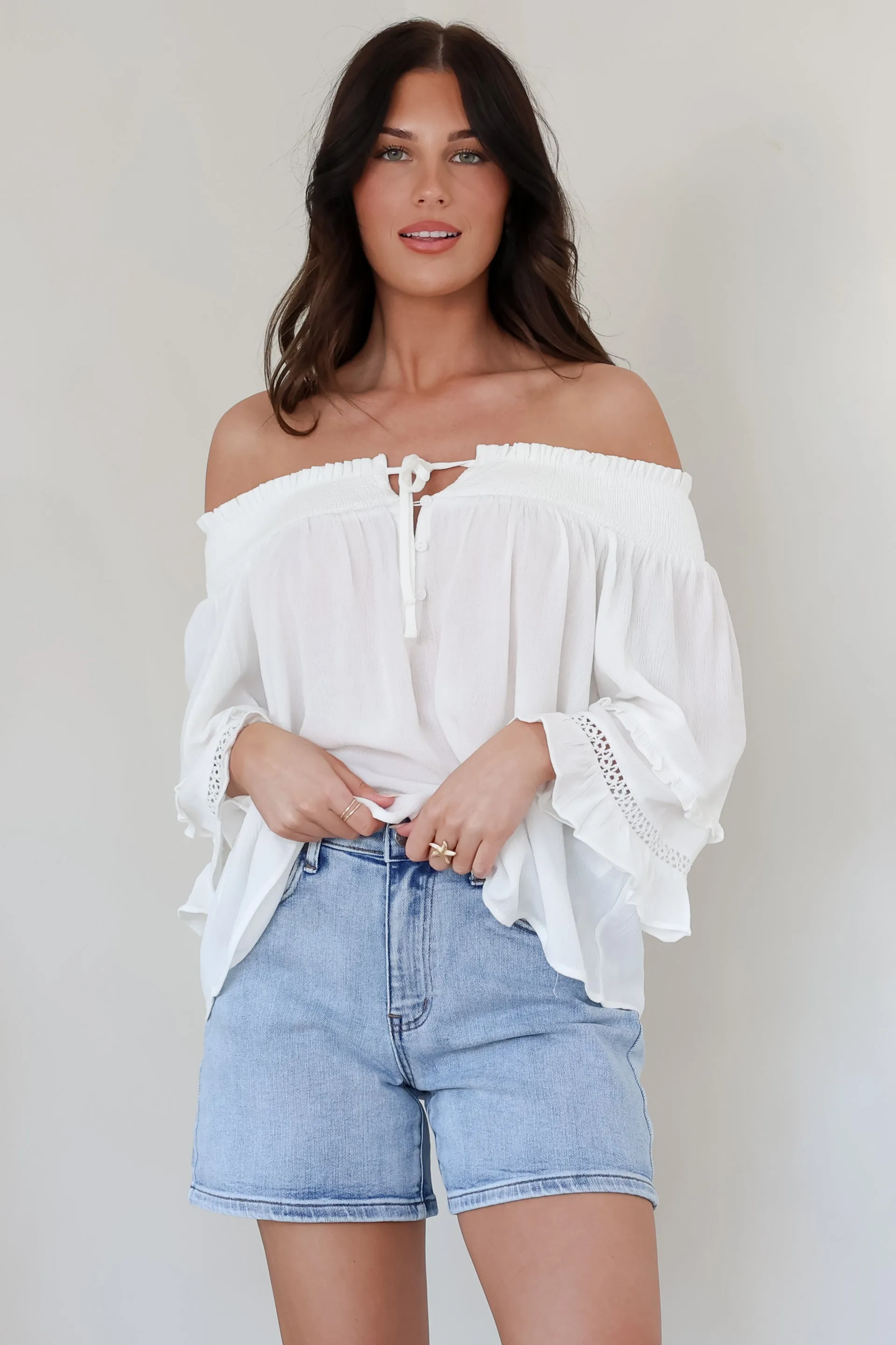 Sarah Top - Off Shoulder Ruffled Sleeve Top in White sold by Salty Crush product image thumbnail 4