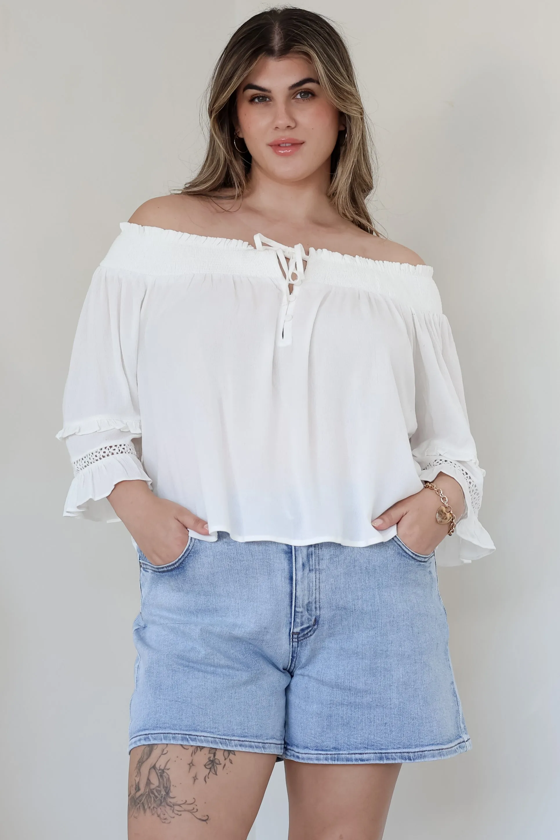 Sarah Top - Off Shoulder Ruffled Sleeve Top in White sold by Salty Crush product image thumbnail 2