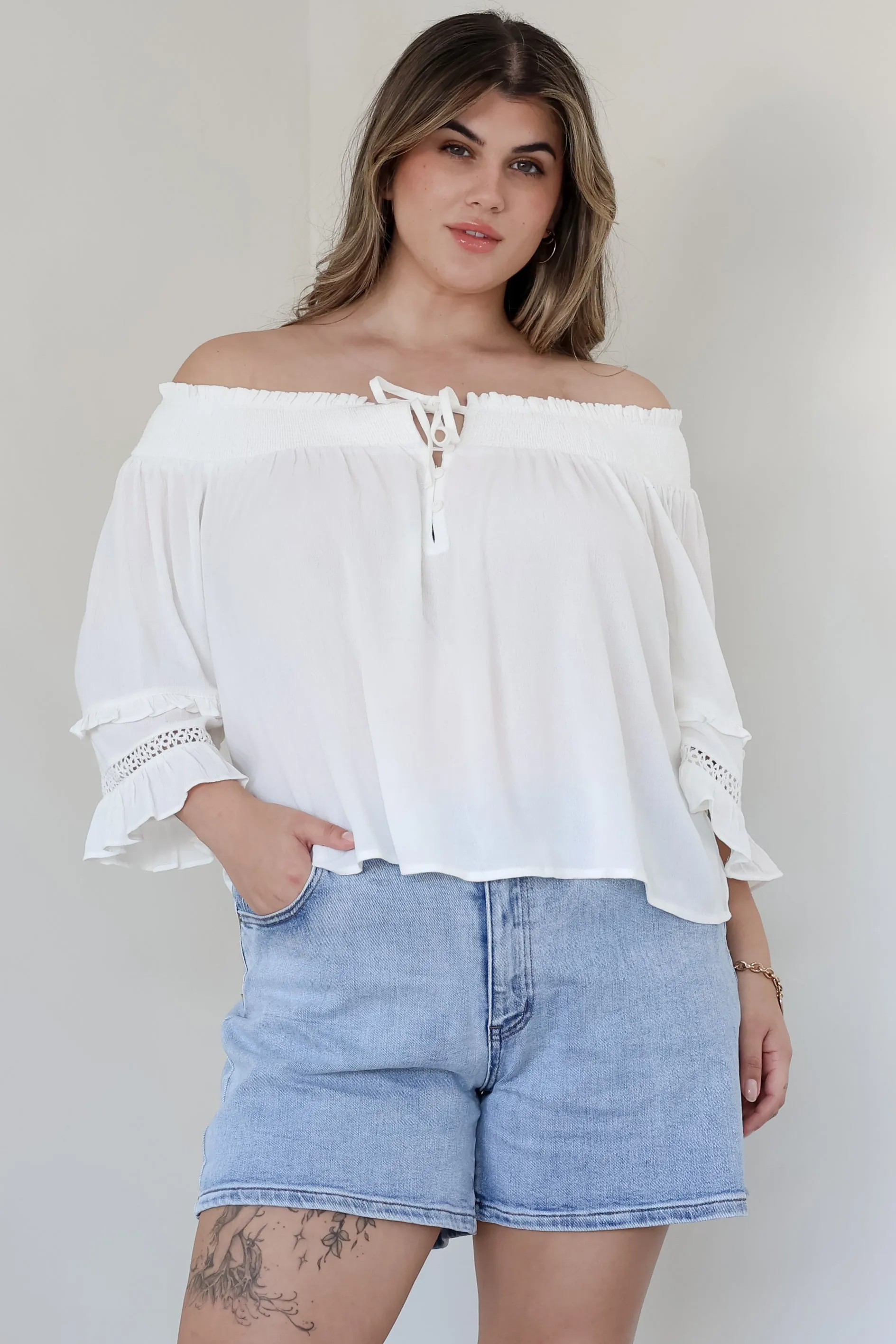 Sarah Top - Off Shoulder Ruffled Sleeve Top in White sold by Salty Crush product image thumbnail 5