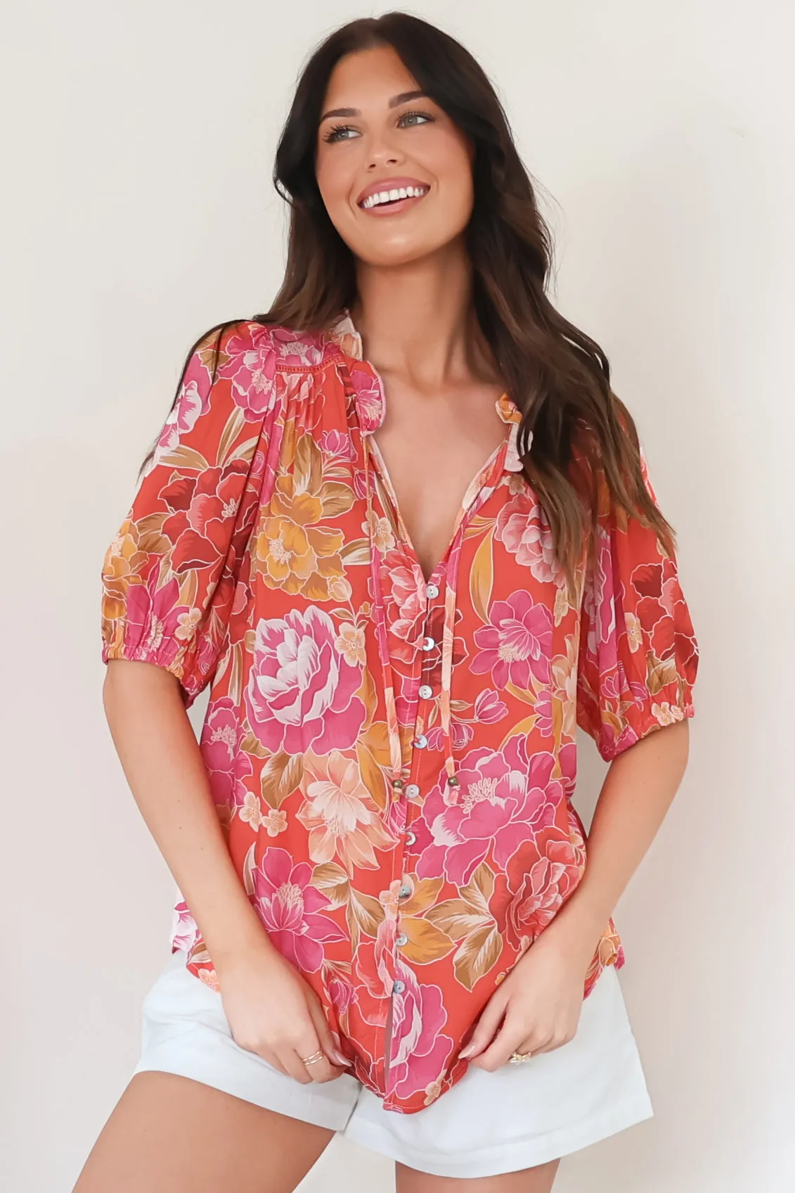 Neo Blouse - High Frill Collar Button Down Shirt in Mirella Print sold by Salty Crush product image thumbnail 4